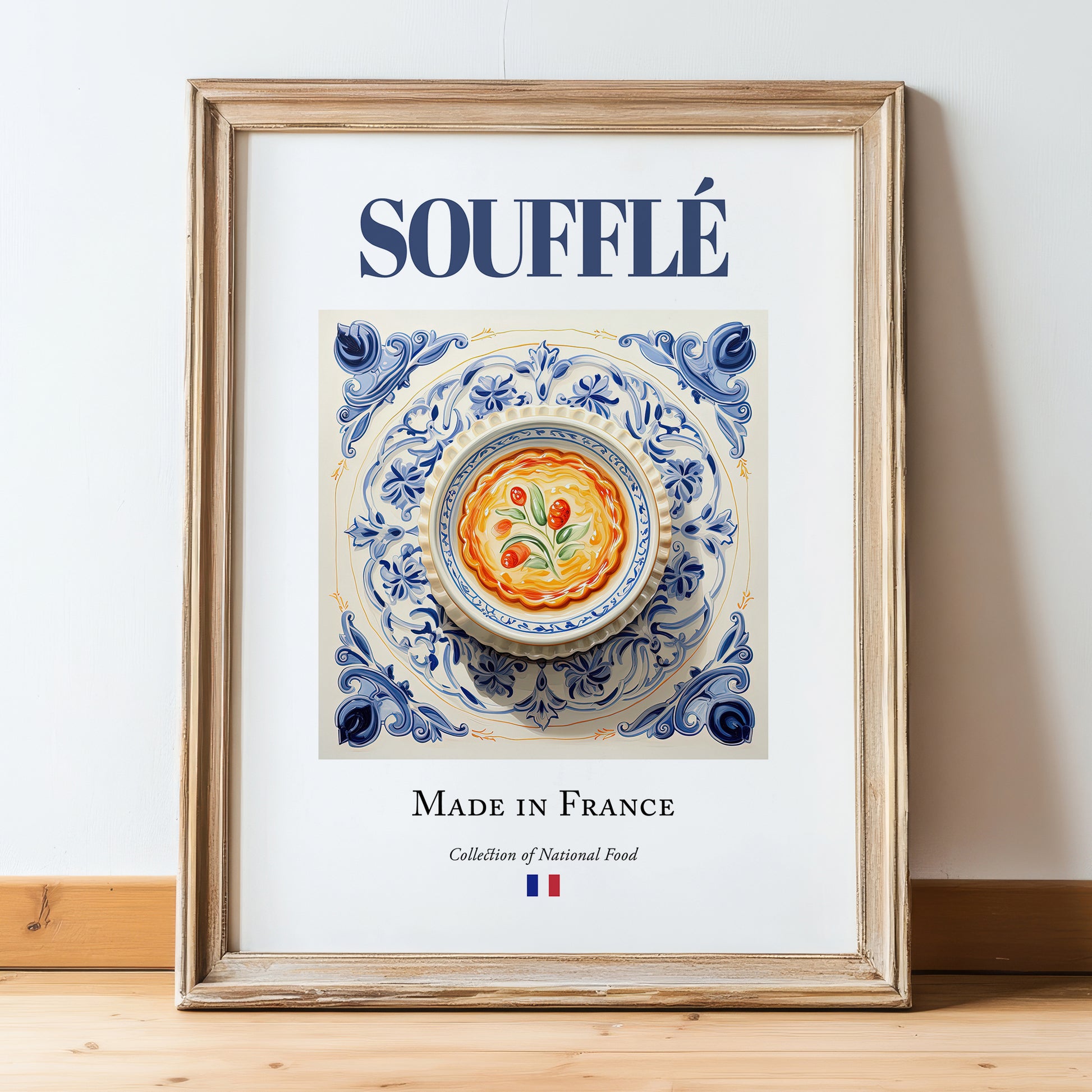 Soufflé – French Dish, Brasserie Print, in wooden frame leaning on the floor