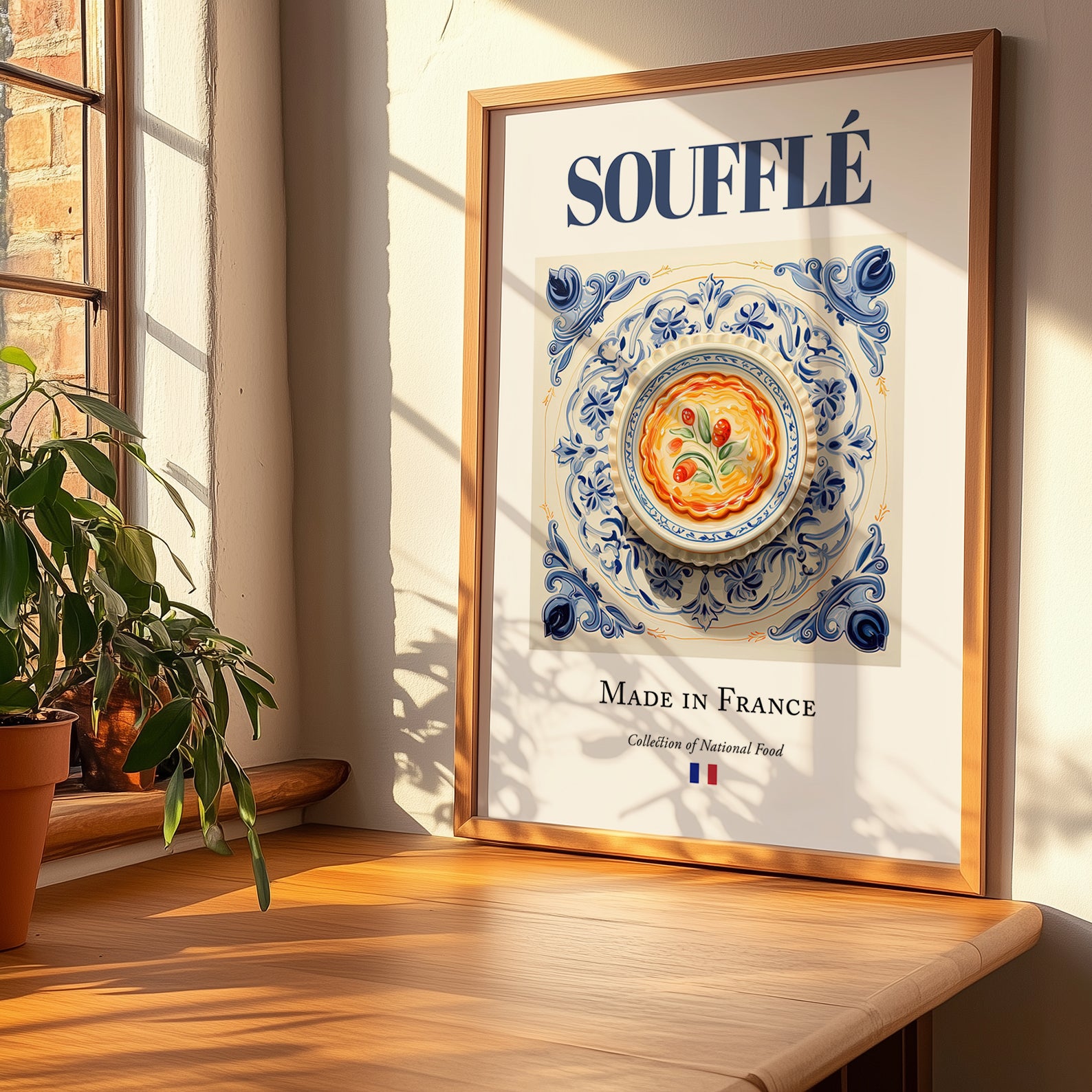 Soufflé – French Dish, Brasserie Print, no-text version framed in wood