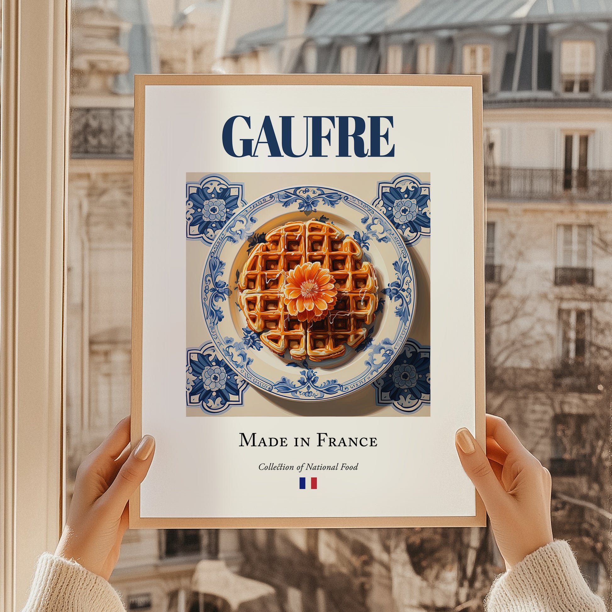 Gaufre – French Dessert Dish, Farmhouse Kitchen Print, styled in a charming Paris street view
