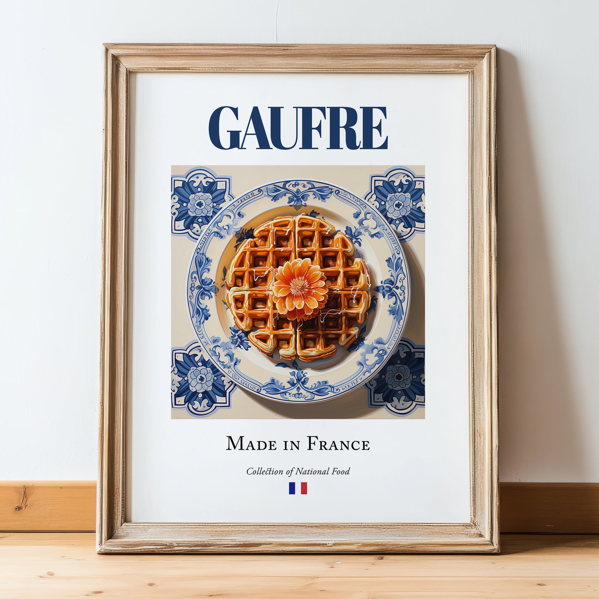 Gaufre – French Dessert Dish, Farmhouse Kitchen Print, in wooden frame leaning on the floor