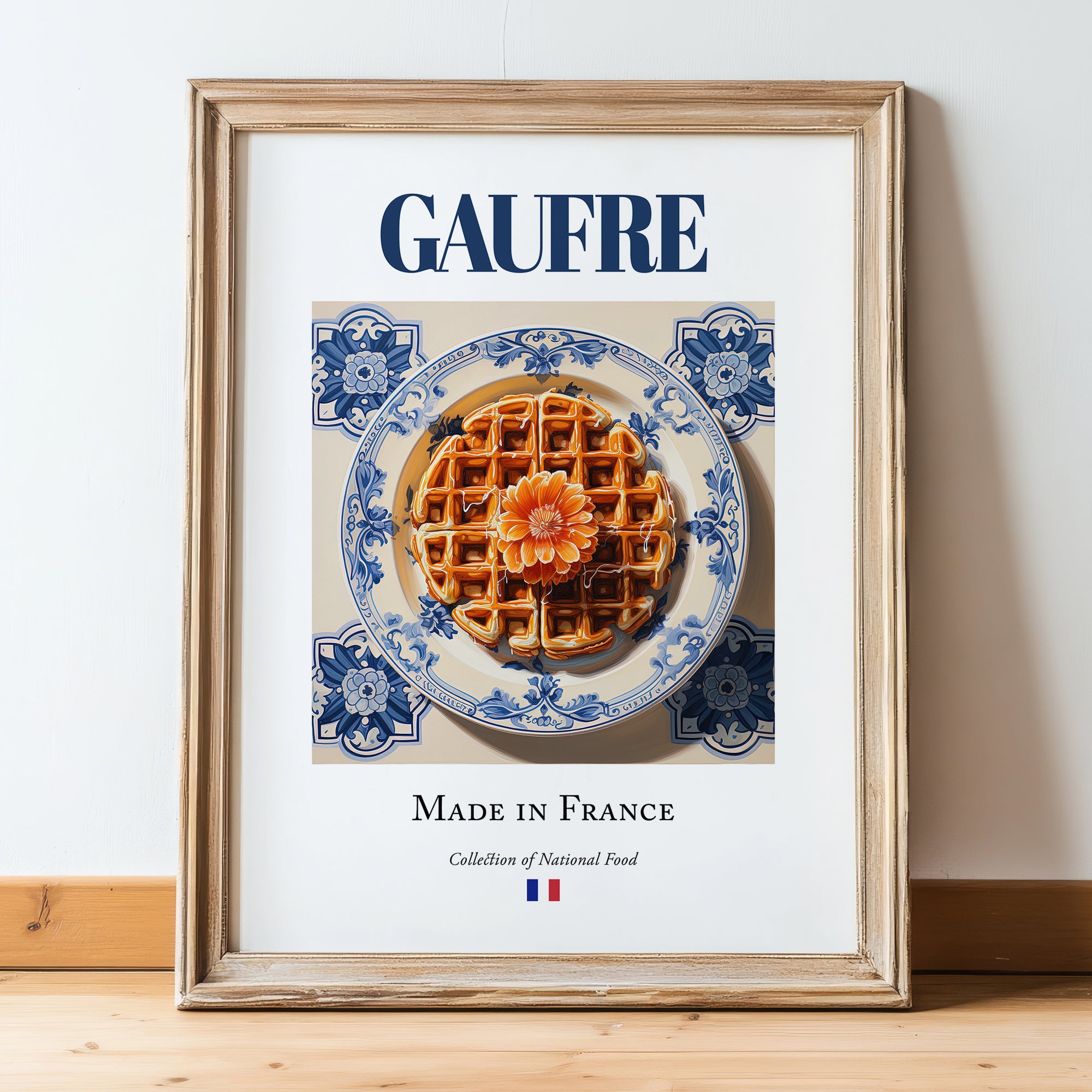 Gaufre – French Dessert Dish, Farmhouse Kitchen Print, in wooden frame leaning on the floor