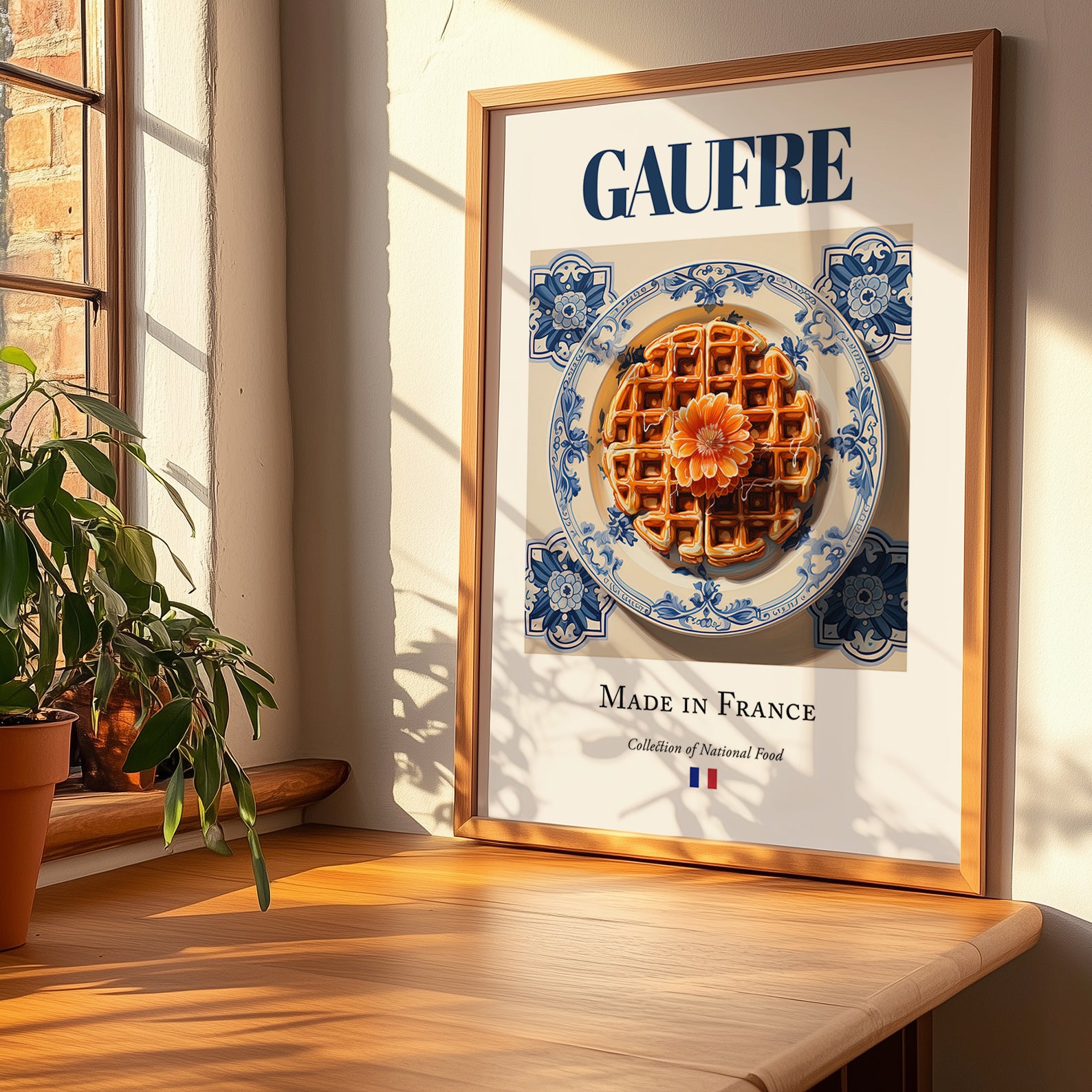 Gaufre – French Dessert Dish, Farmhouse Kitchen Print, no-text version framed in wood