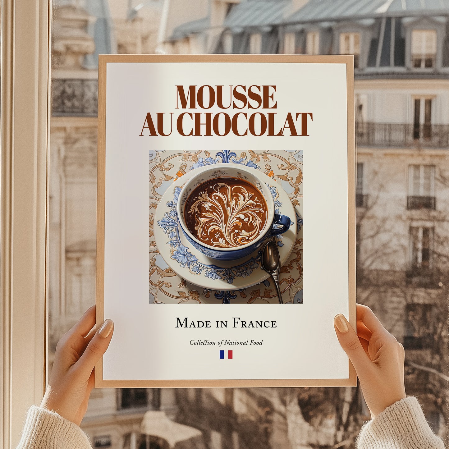 Mousse au chocolat – French Dessert Dish, Café Print, styled in a charming Paris street view