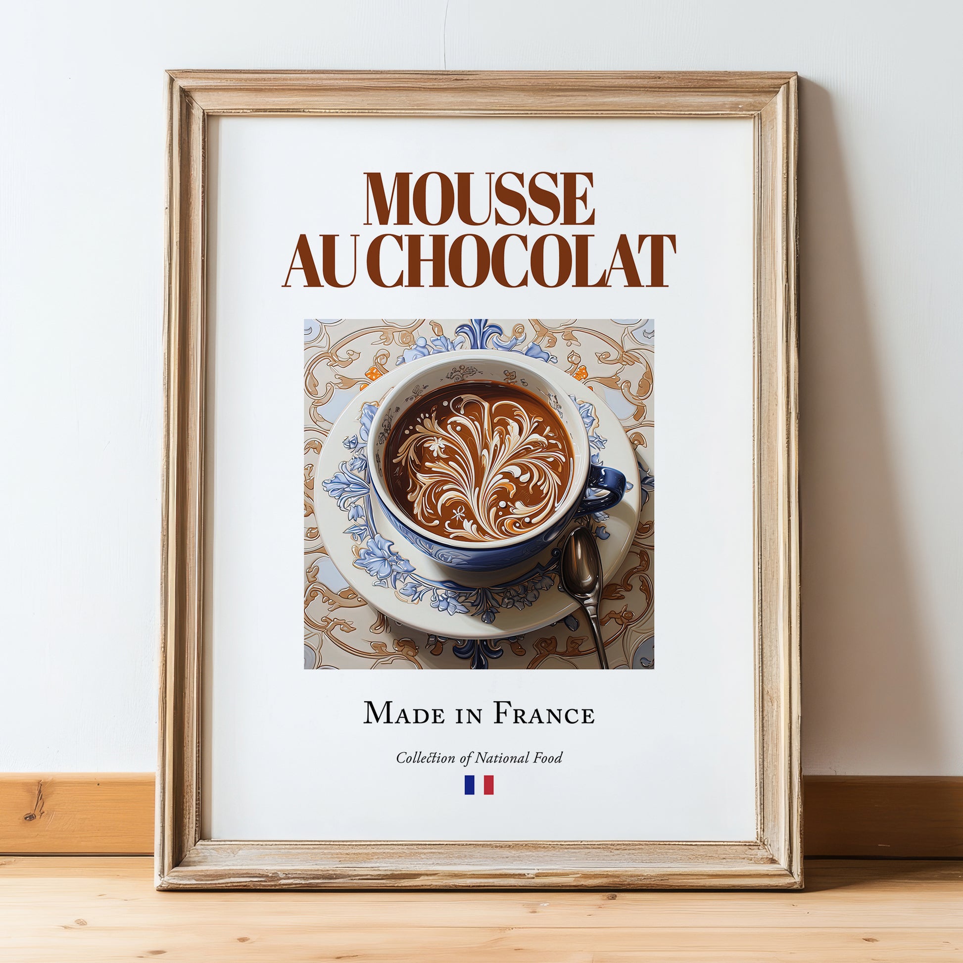 Mousse au chocolat – French Dessert Dish, Café Print, in wooden frame leaning on the floor