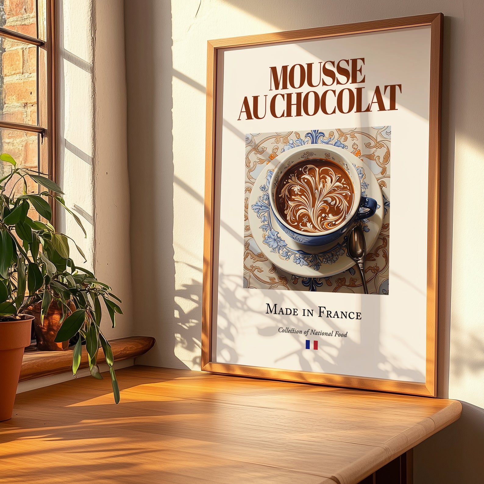 Mousse au chocolat – French Dessert Dish, Café Print, no-text version framed in wood