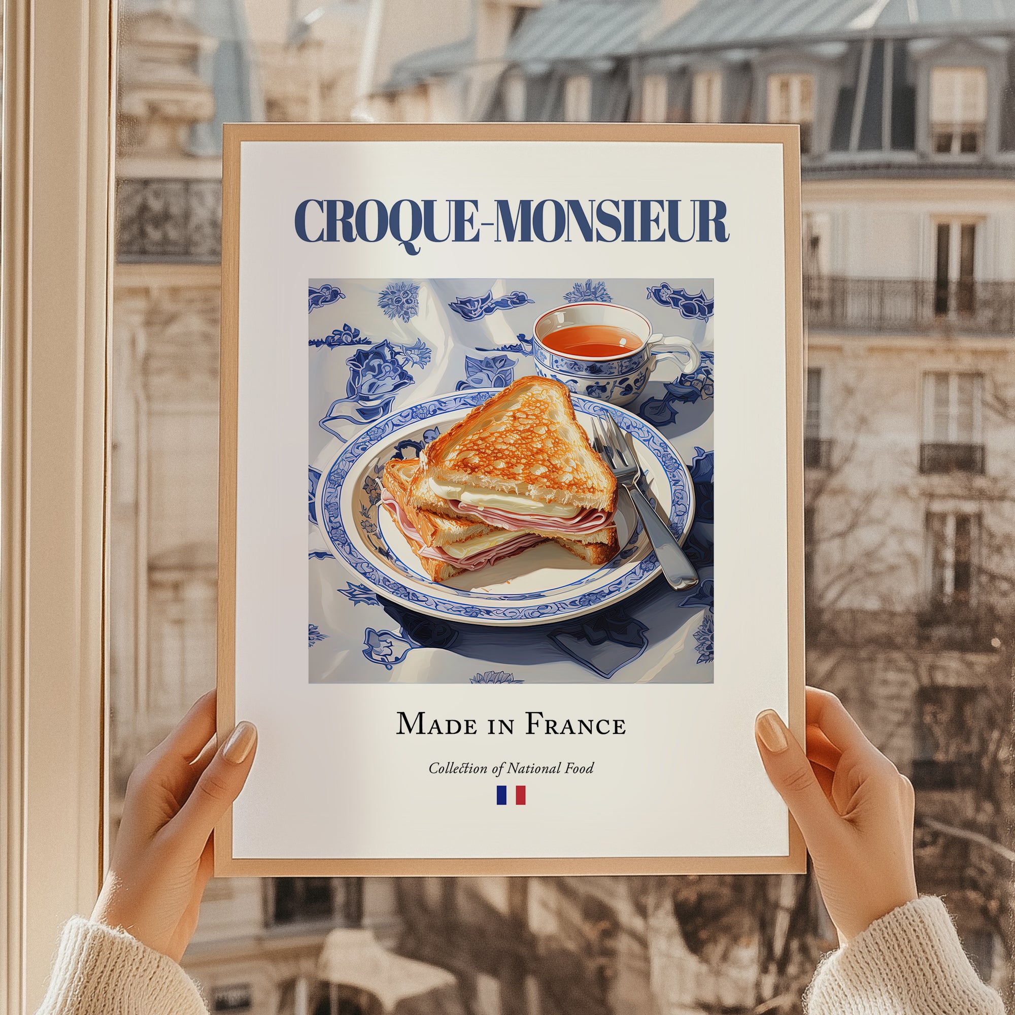 Croque-monsieur – French Dish, Bistro Print, styled in a charming Paris street view