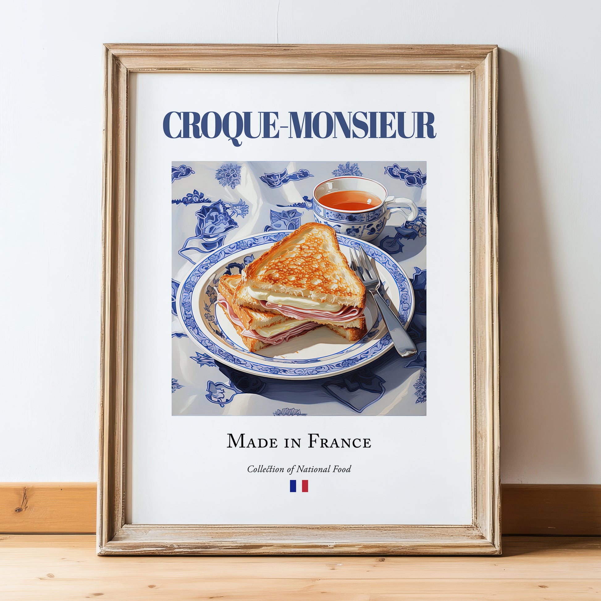 Croque-monsieur – French Dish, Bistro Print, in wooden frame leaning on the floor