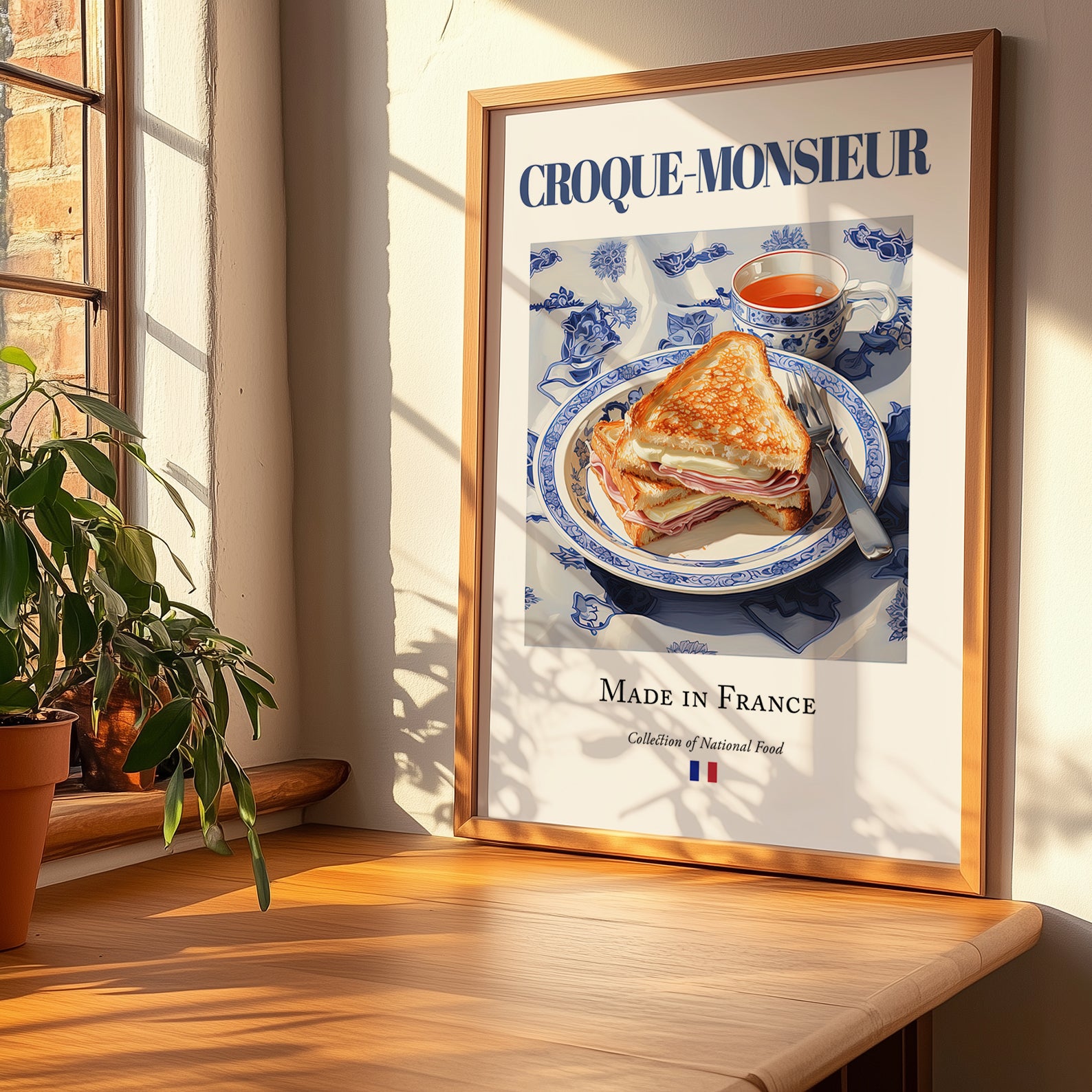 Croque-monsieur – French Dish, Bistro Print, no-text version framed in wood