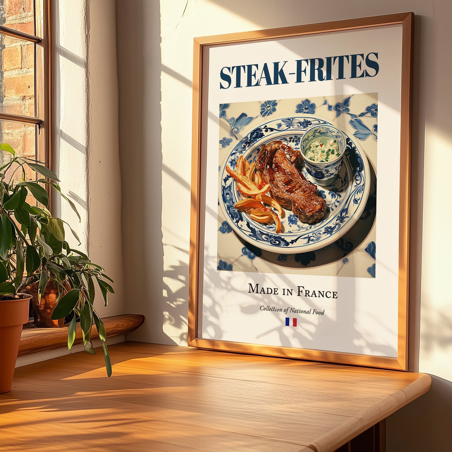 Steak-frites – French Dish, Farmhouse Kitchen Wall Art, no-text version framed in wood