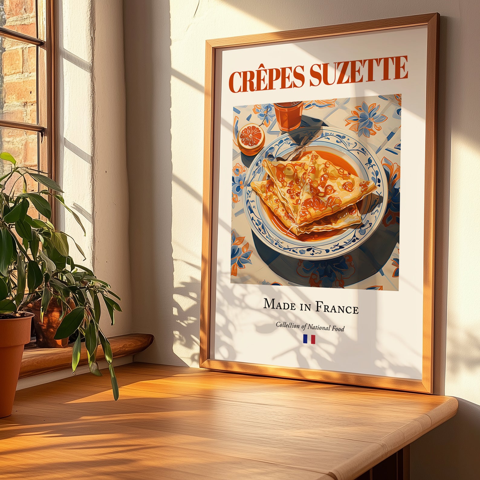 Crêpes Suzette – French Dessert Dish, Farmhouse Kitchen Still Life, no-text version framed in wood