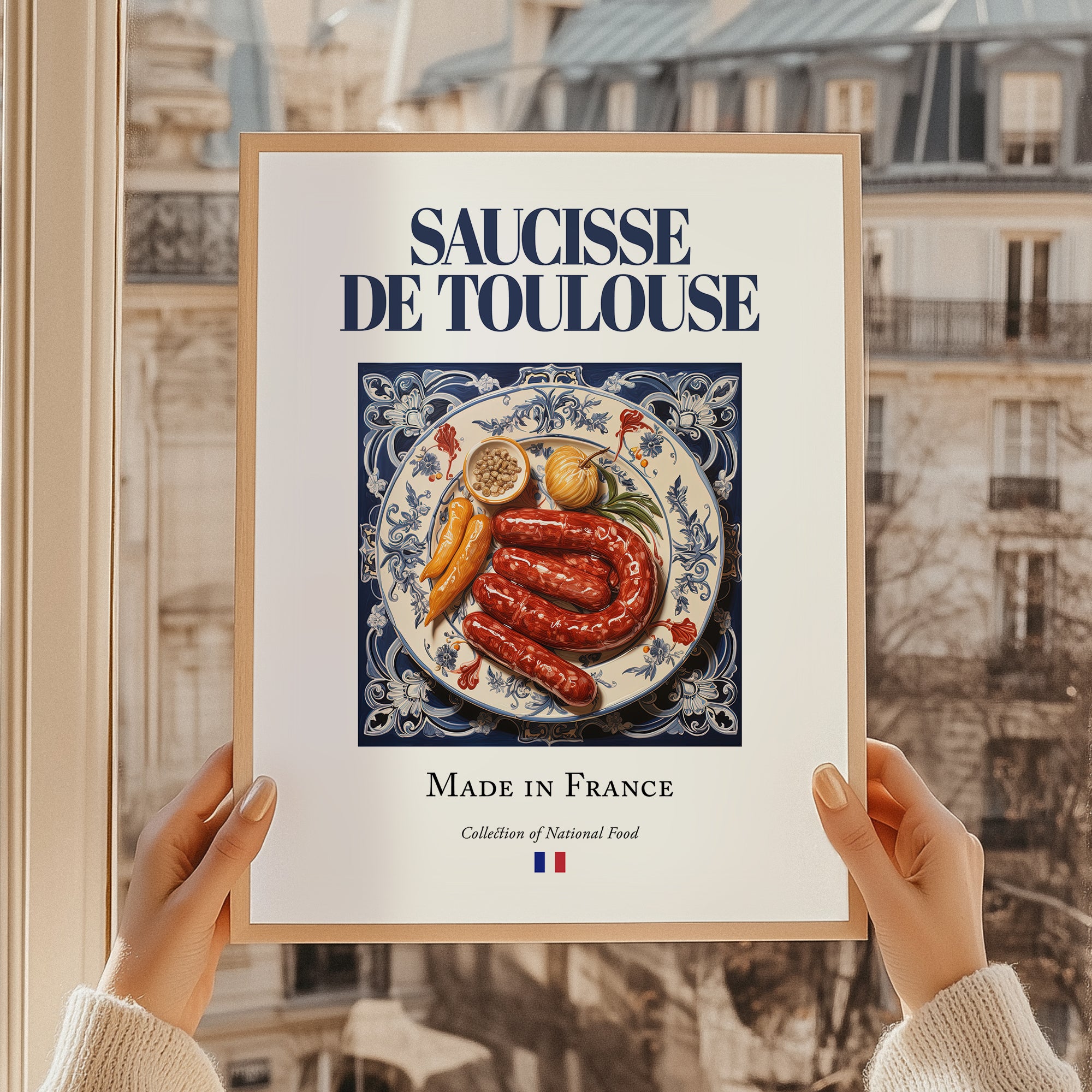 Saucisse de Toulouse – French Meat Dish, Farmhouse Kitchen Illustration, styled in a charming Paris street view