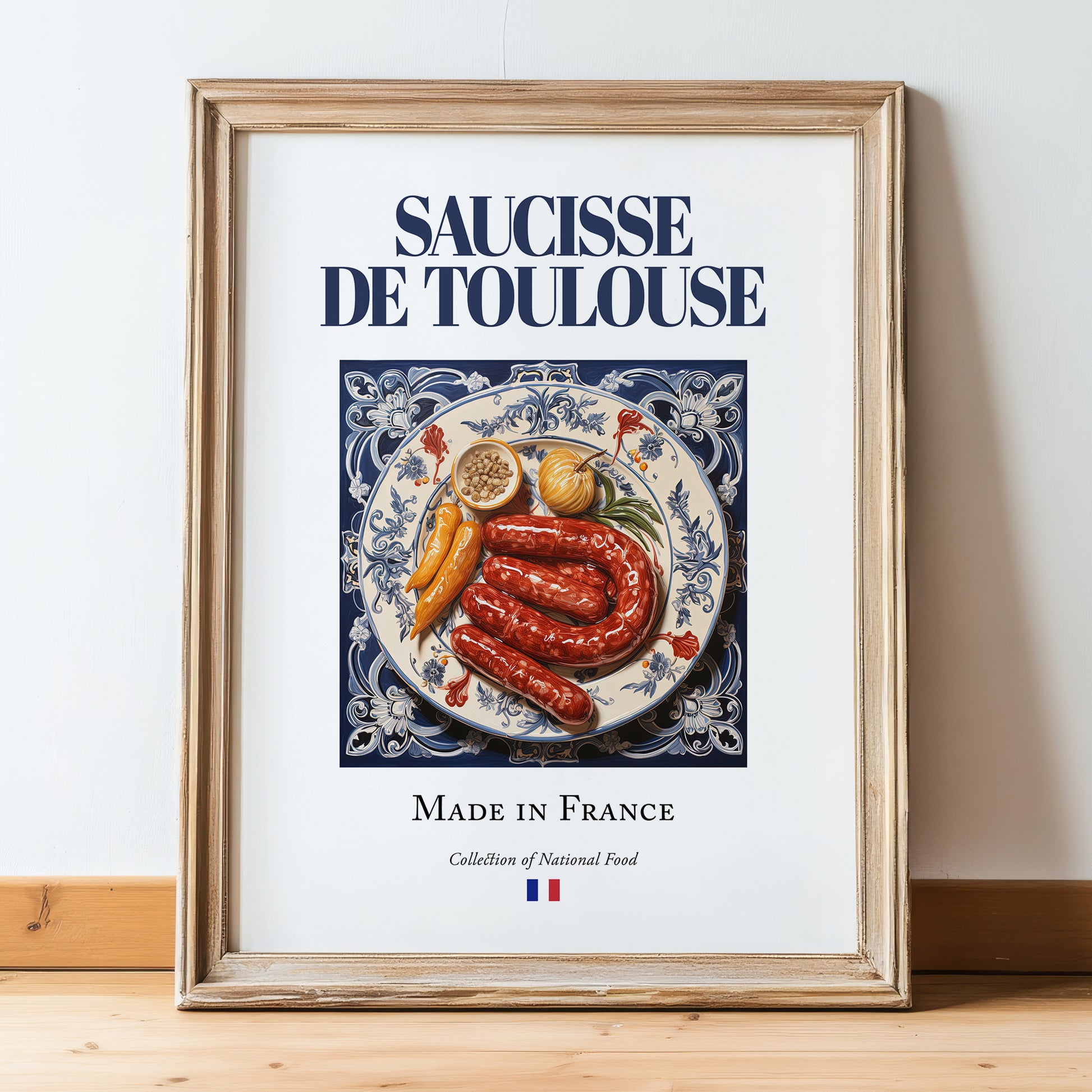 Saucisse de Toulouse – French Meat Dish, Farmhouse Kitchen Illustration, in wooden frame leaning on the floor