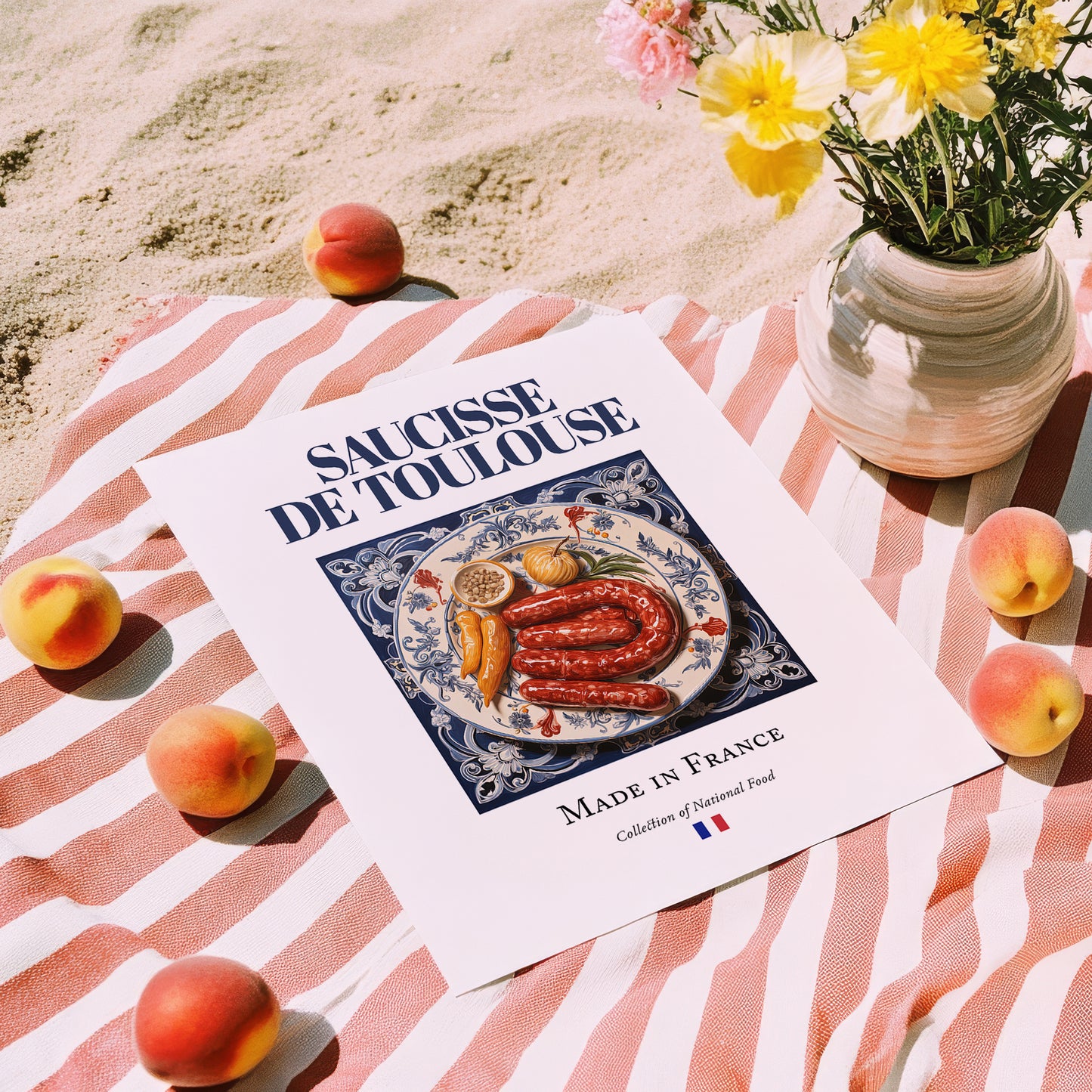 Saucisse de Toulouse – French Meat Dish, Farmhouse Kitchen Illustration, unframed on coastal sand