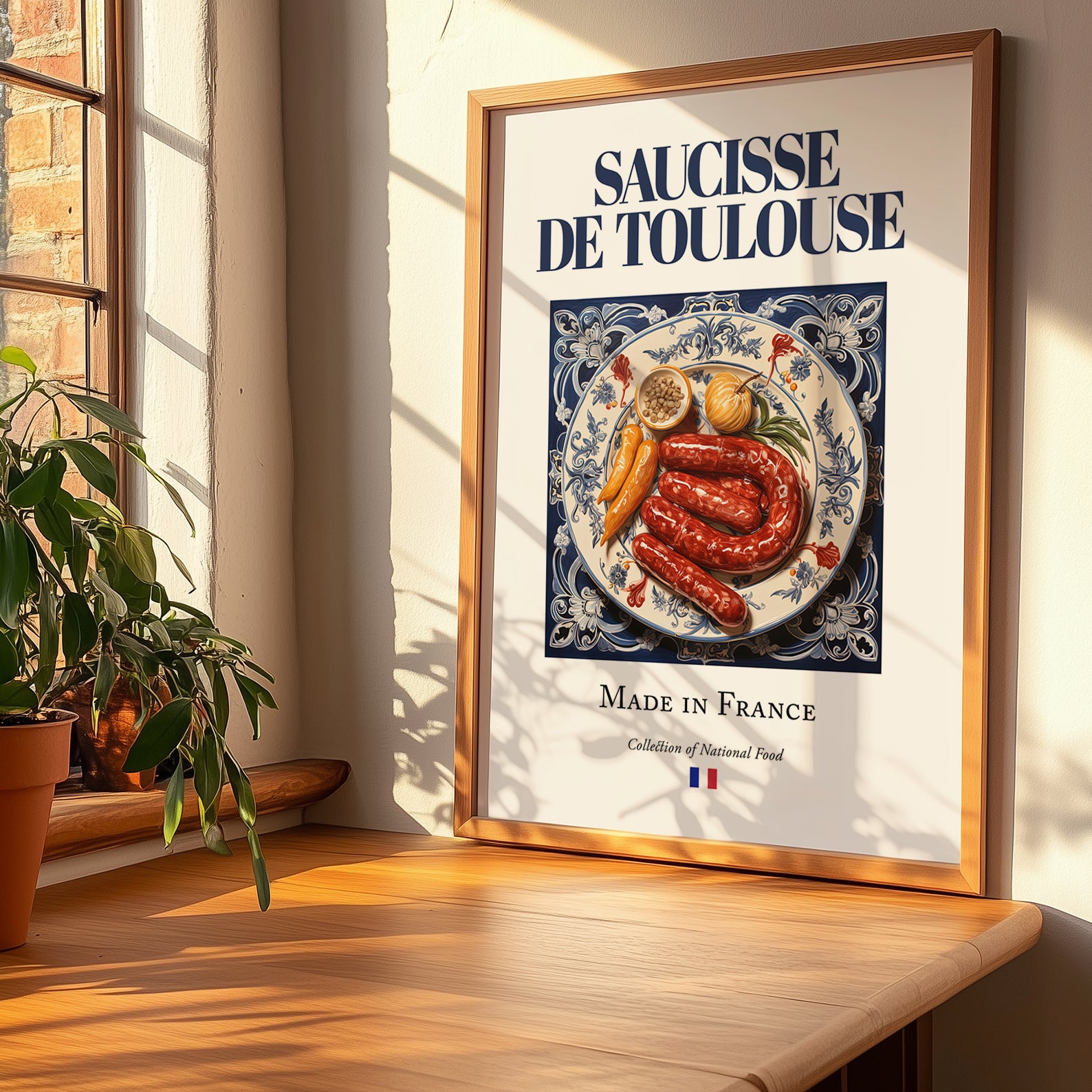 Saucisse de Toulouse – French Meat Dish, Farmhouse Kitchen Illustration, no-text version framed in wood