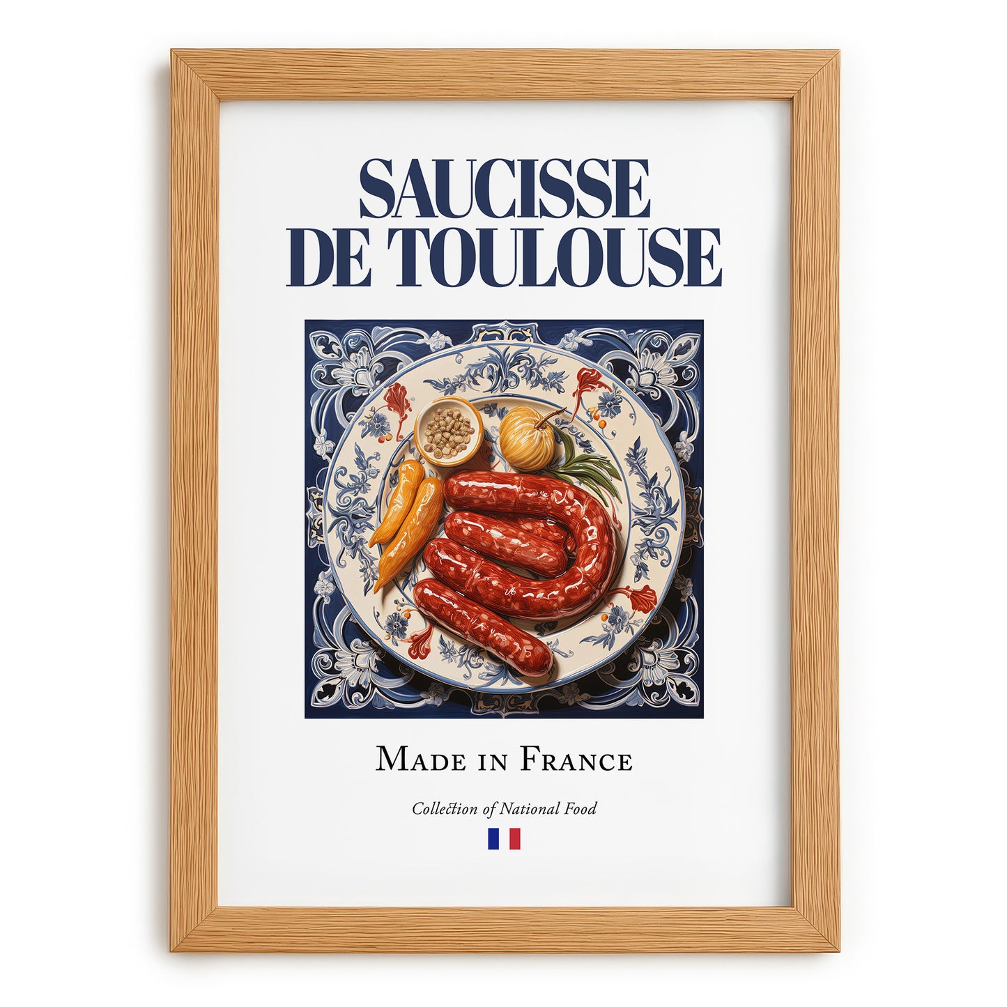 Saucisse de Toulouse – French Meat Dish, Farmhouse Kitchen Illustration, set in oak frame