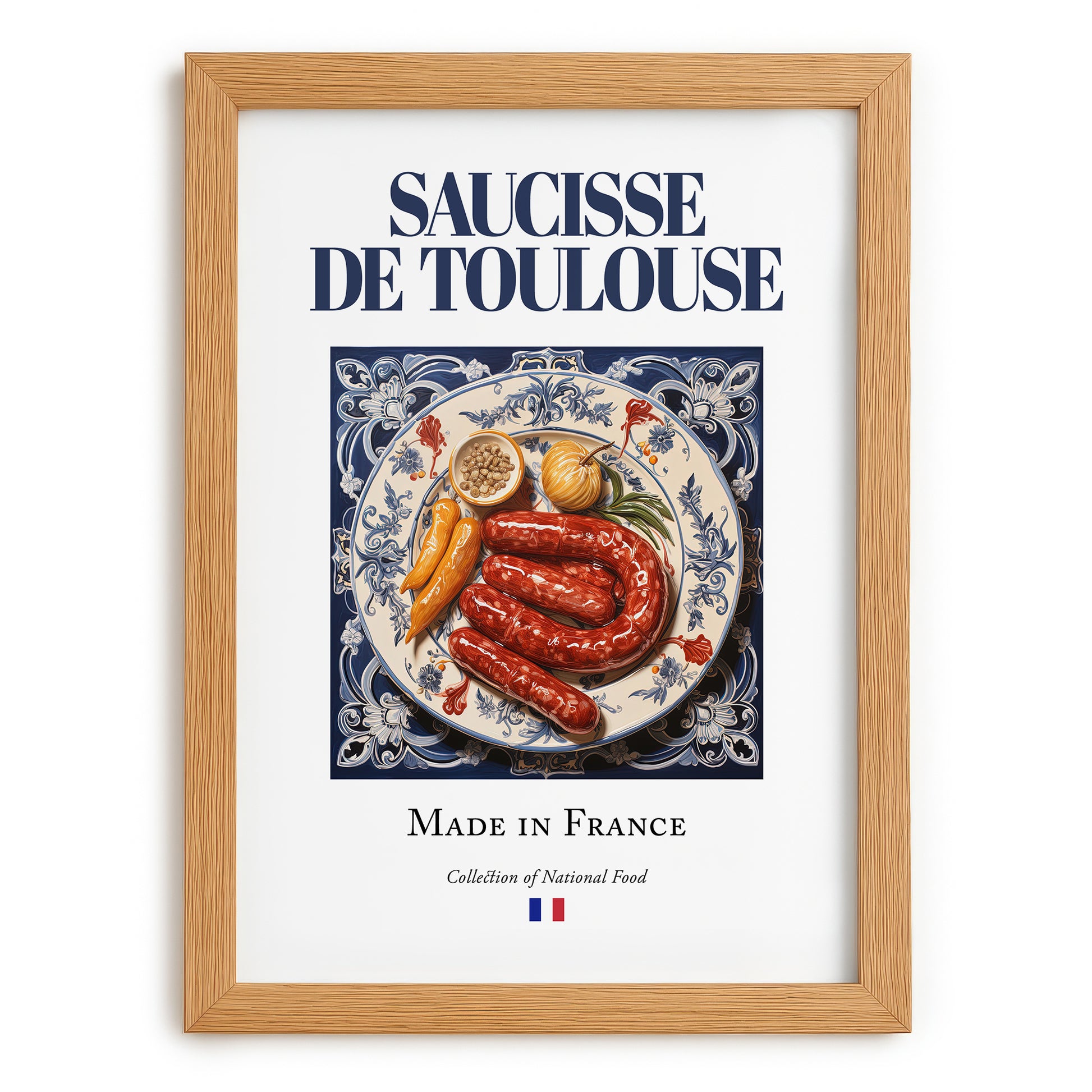 Saucisse de Toulouse – French Meat Dish, Farmhouse Kitchen Illustration, set in oak frame