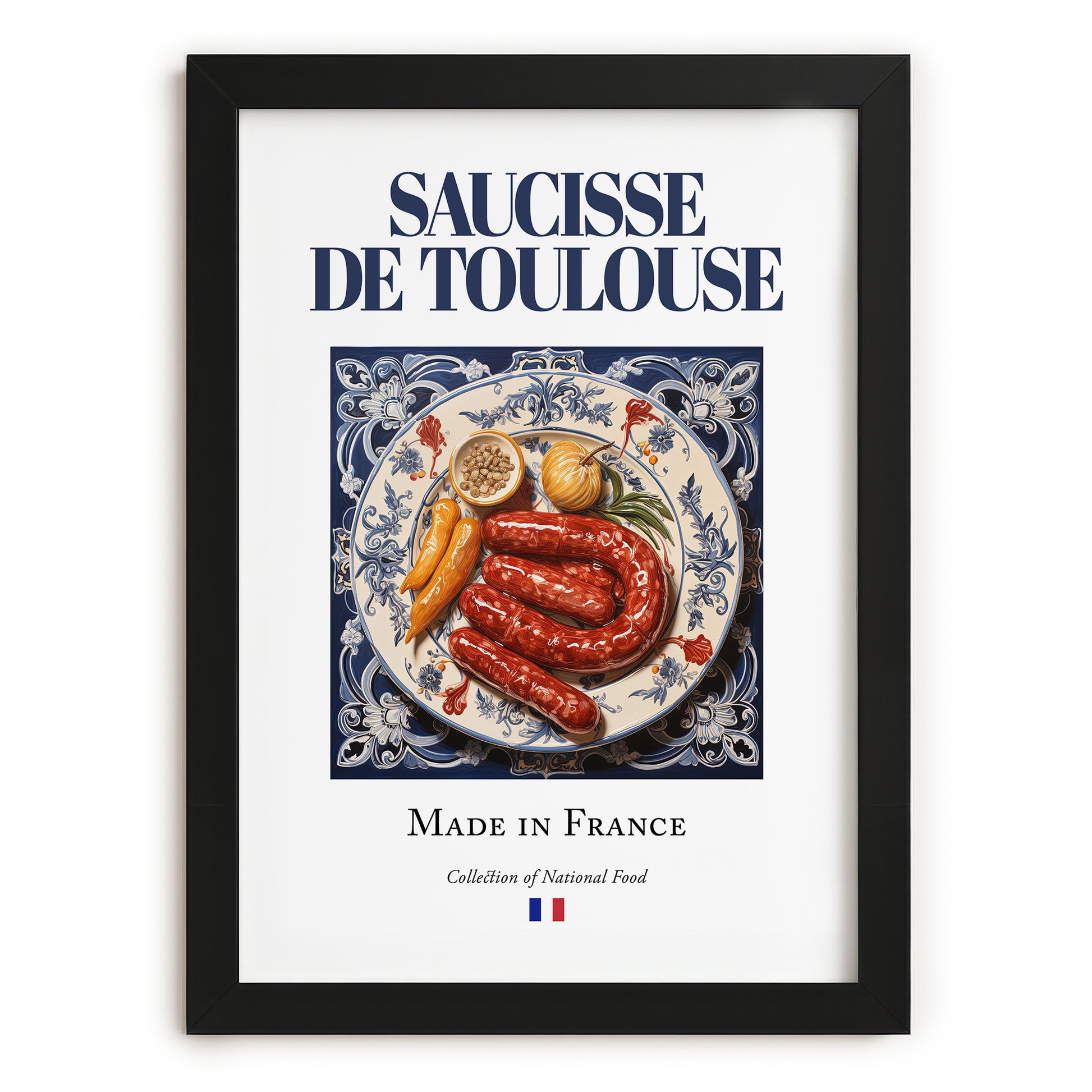 Saucisse de Toulouse – French Meat Dish, Farmhouse Kitchen Illustration, in sleek black frame