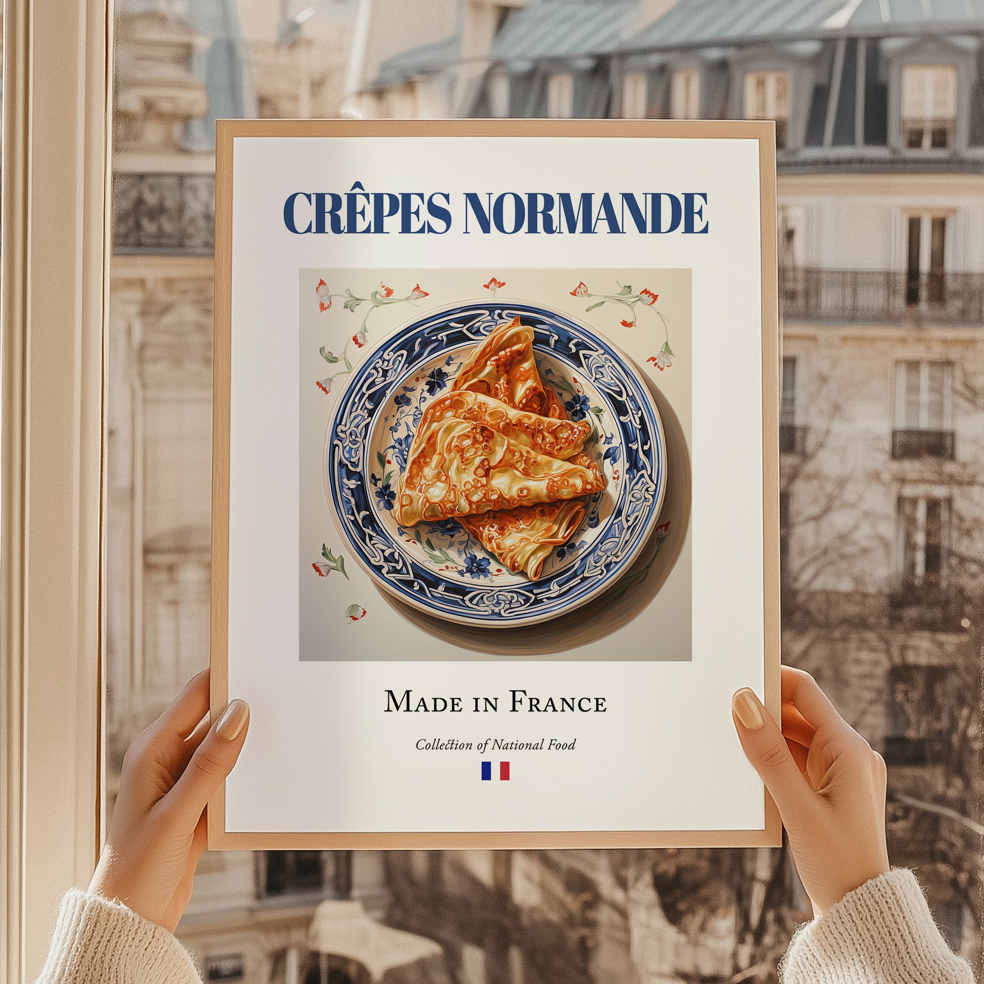 Crêpes Normande – French Dessert Dish, Tavern Poster, styled in a charming Paris street view