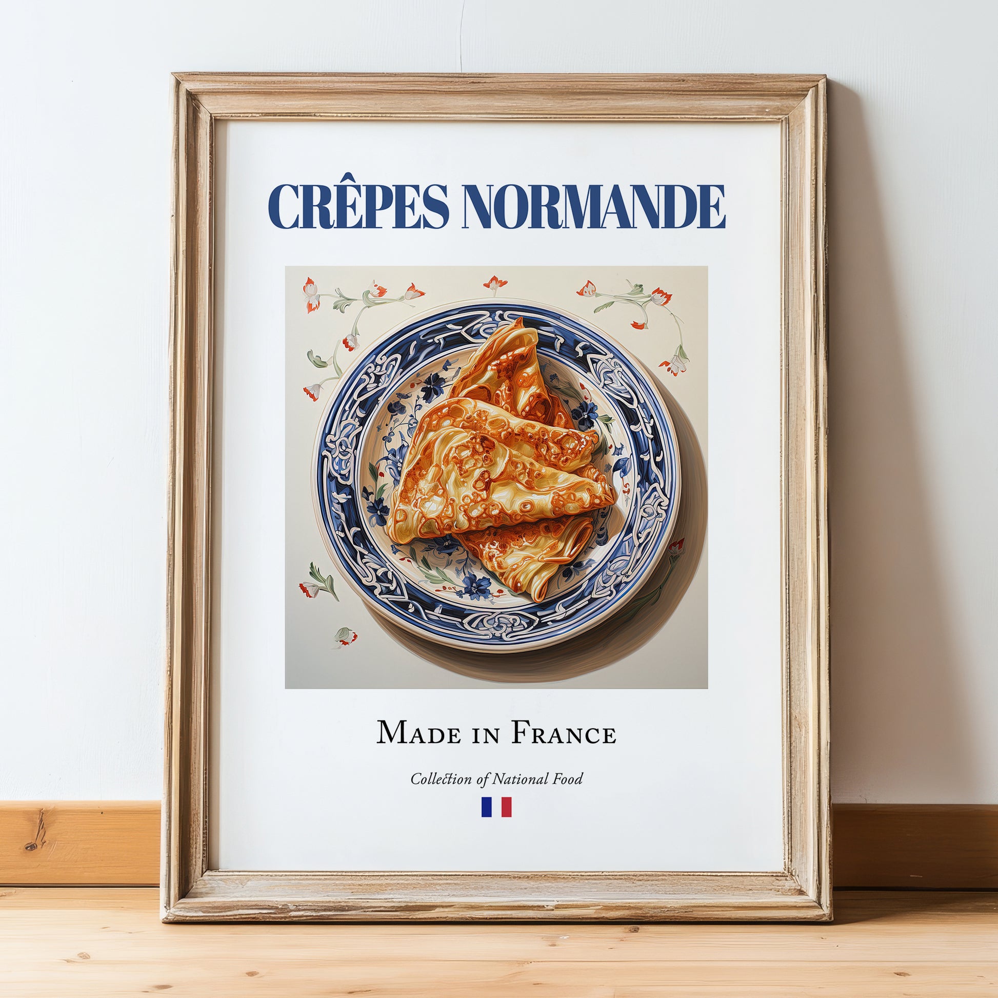Crêpes Normande – French Dessert Dish, Tavern Poster, in wooden frame leaning on the floor
