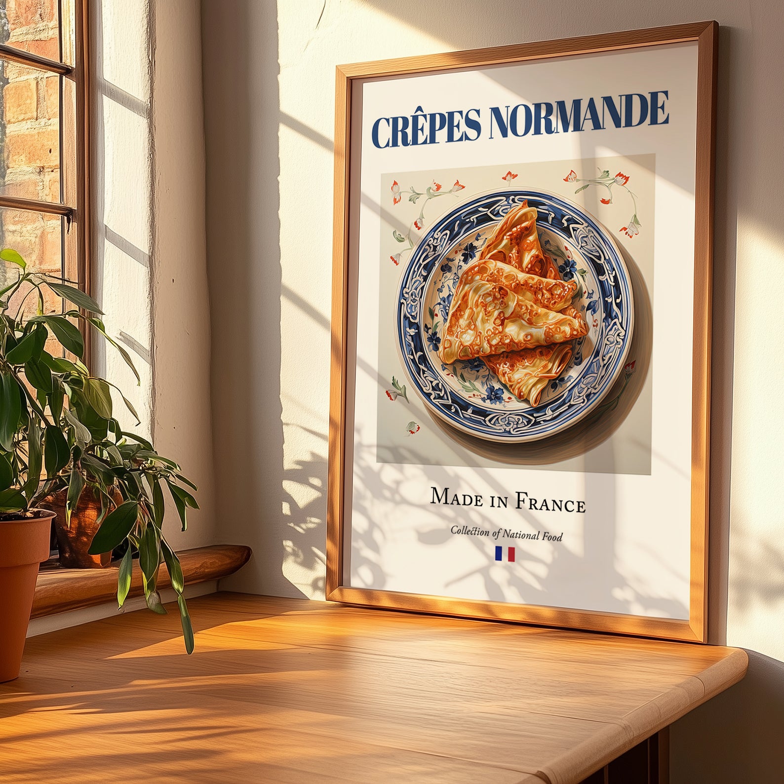 Crêpes Normande – French Dessert Dish, Tavern Poster, no-text version framed in wood