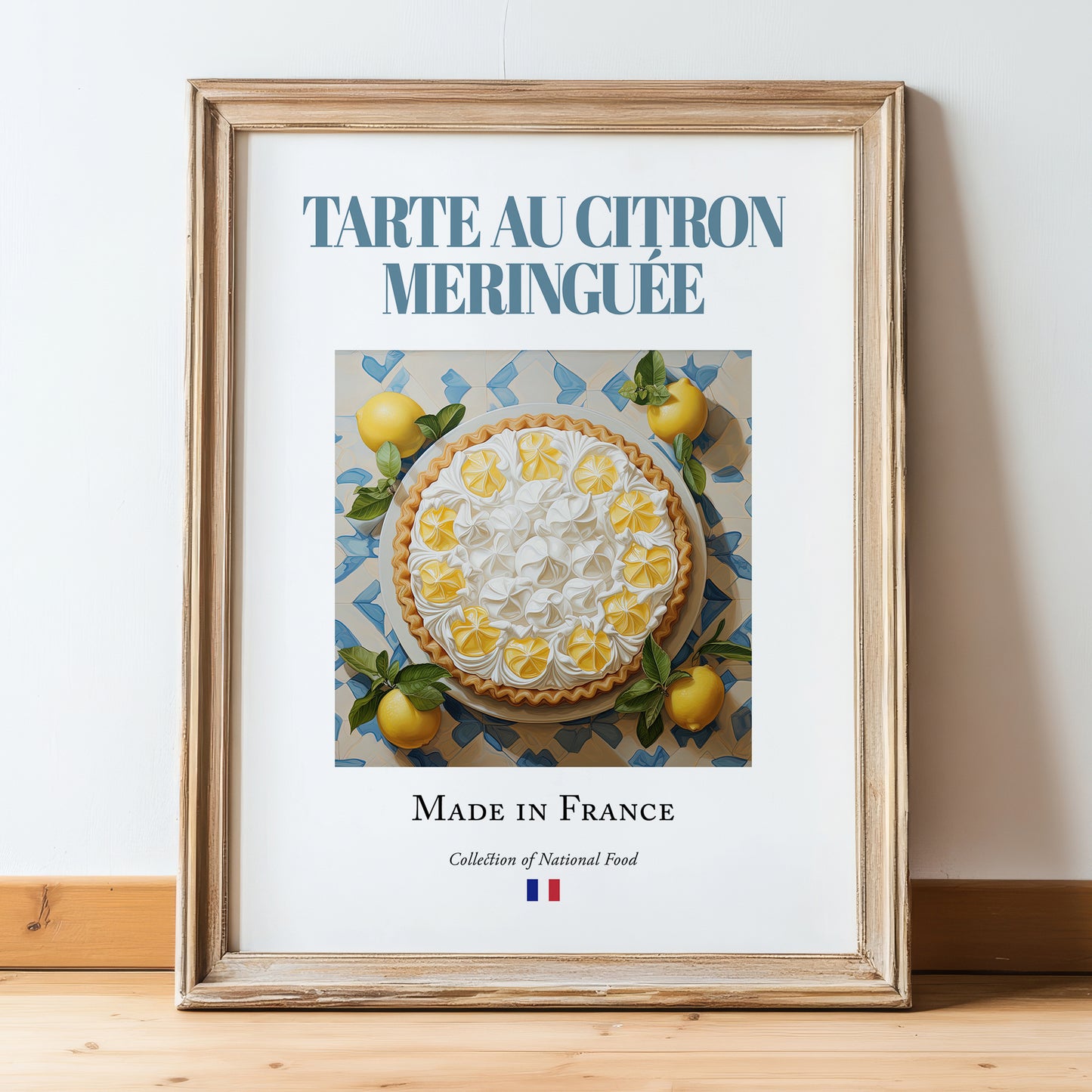 Lemon Meringue Pie – French Dessert Dish, Restaurant Poster, in wooden frame leaning on the floor