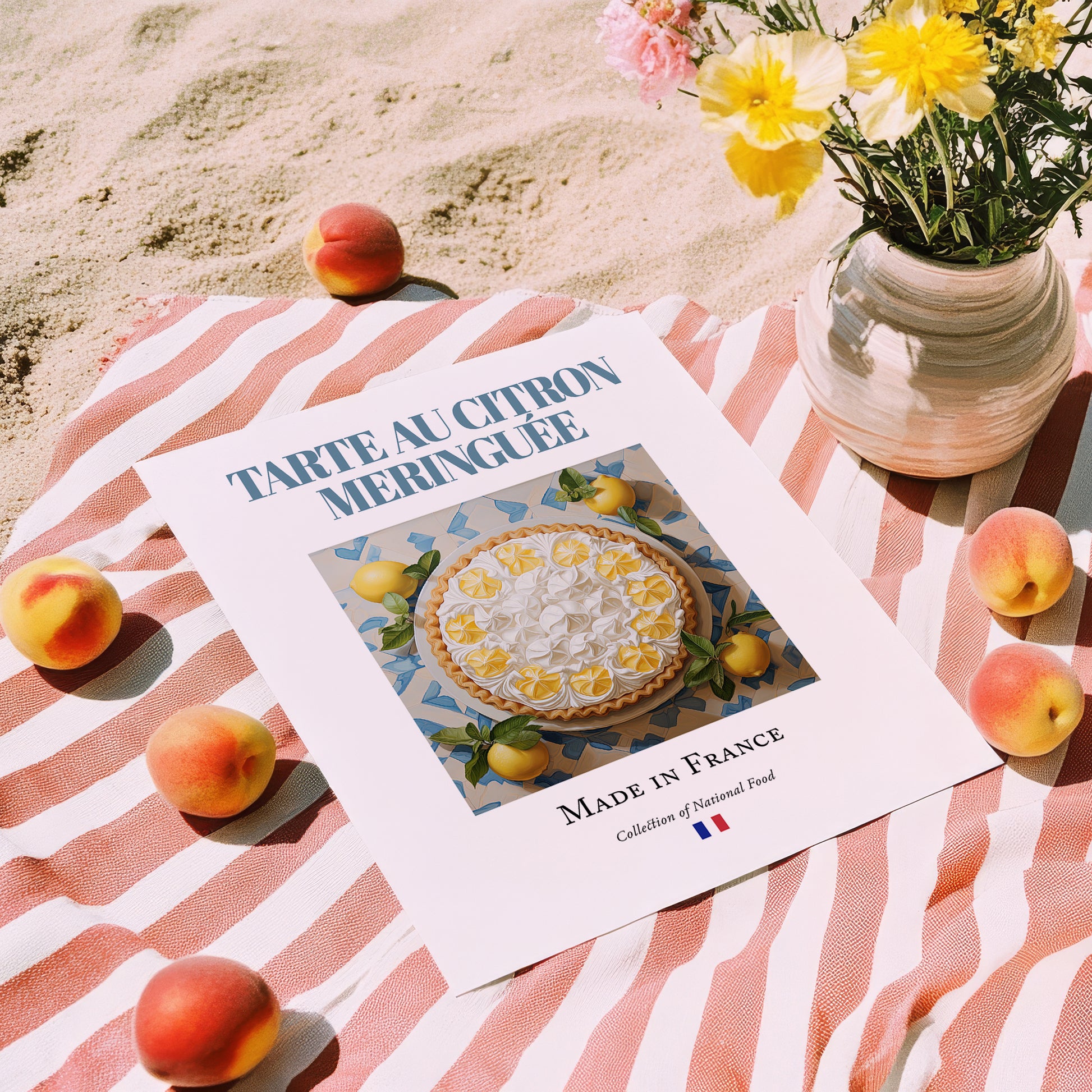 Lemon Meringue Pie – French Dessert Dish, Restaurant Poster, unframed on coastal sand
