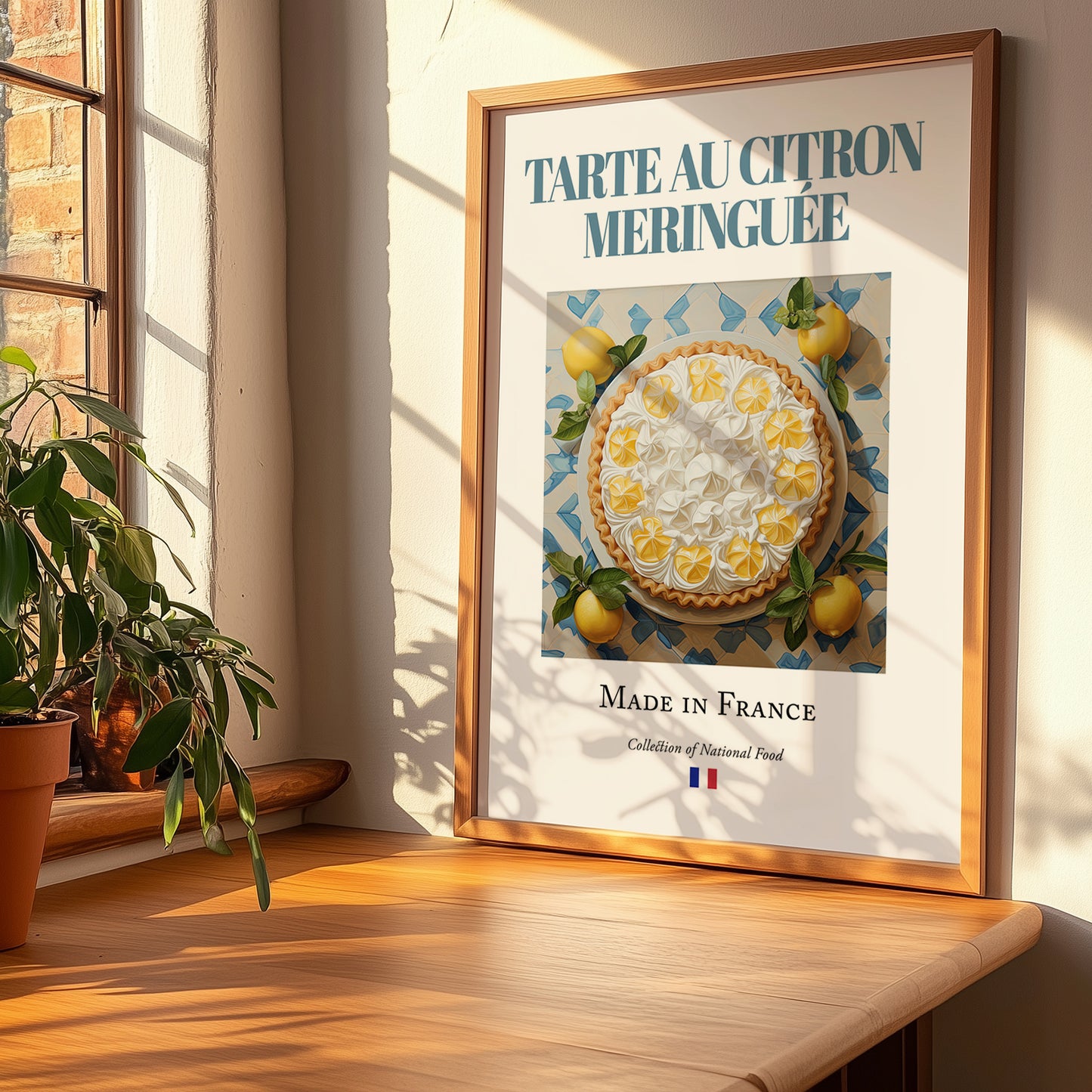 Lemon Meringue Pie – French Dessert Dish, Restaurant Poster, no-text version framed in wood