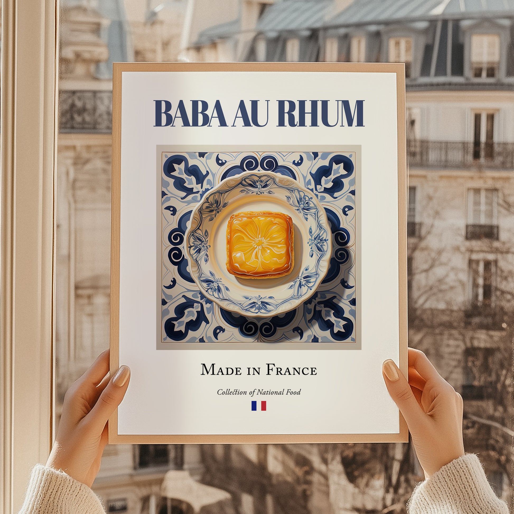 Baba au rhum – French Dessert Dish, Restaurant Illustration, styled in a charming Paris street view