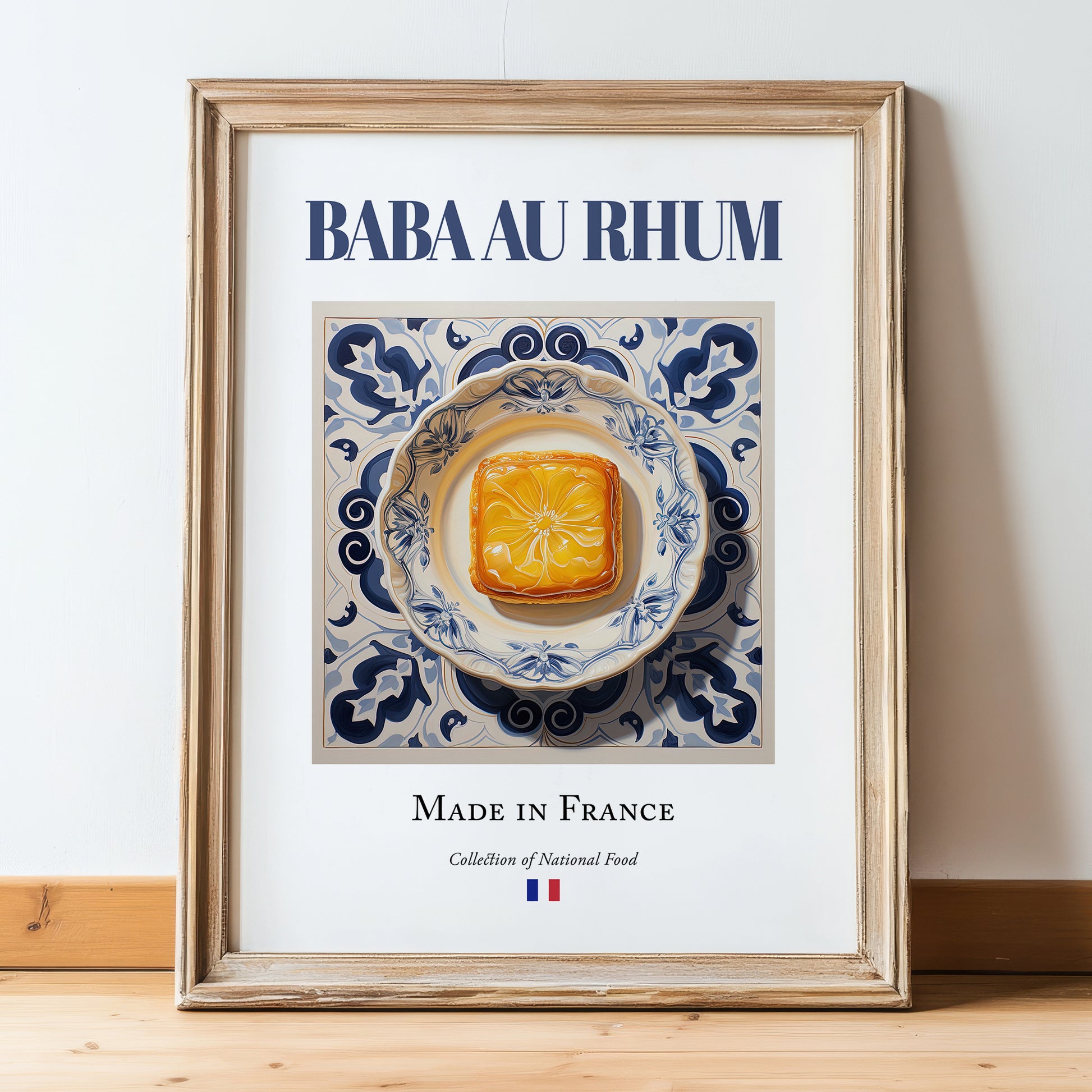 Baba au rhum – French Dessert Dish, Restaurant Illustration, in wooden frame leaning on the floor