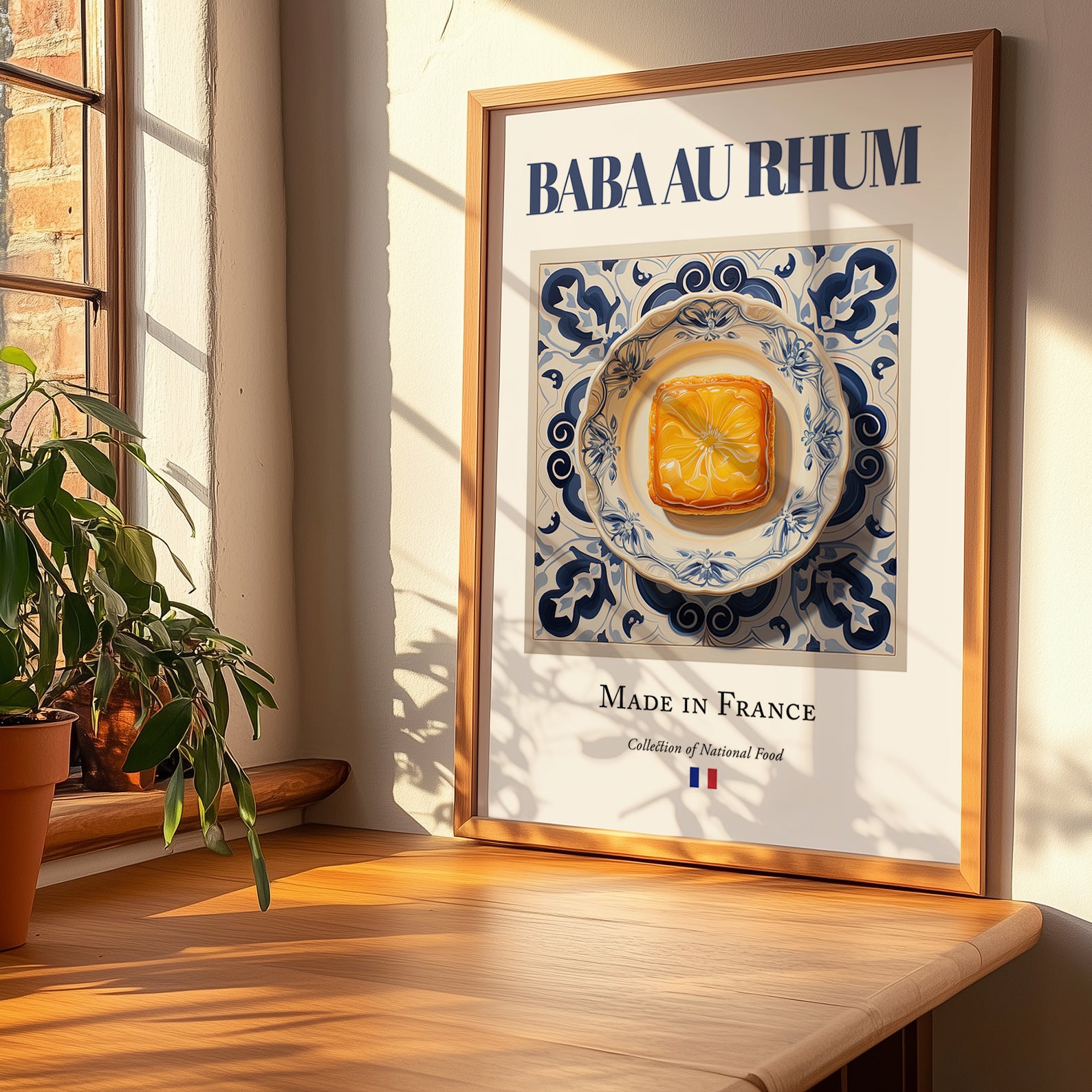 Baba au rhum – French Dessert Dish, Restaurant Illustration, no-text version framed in wood