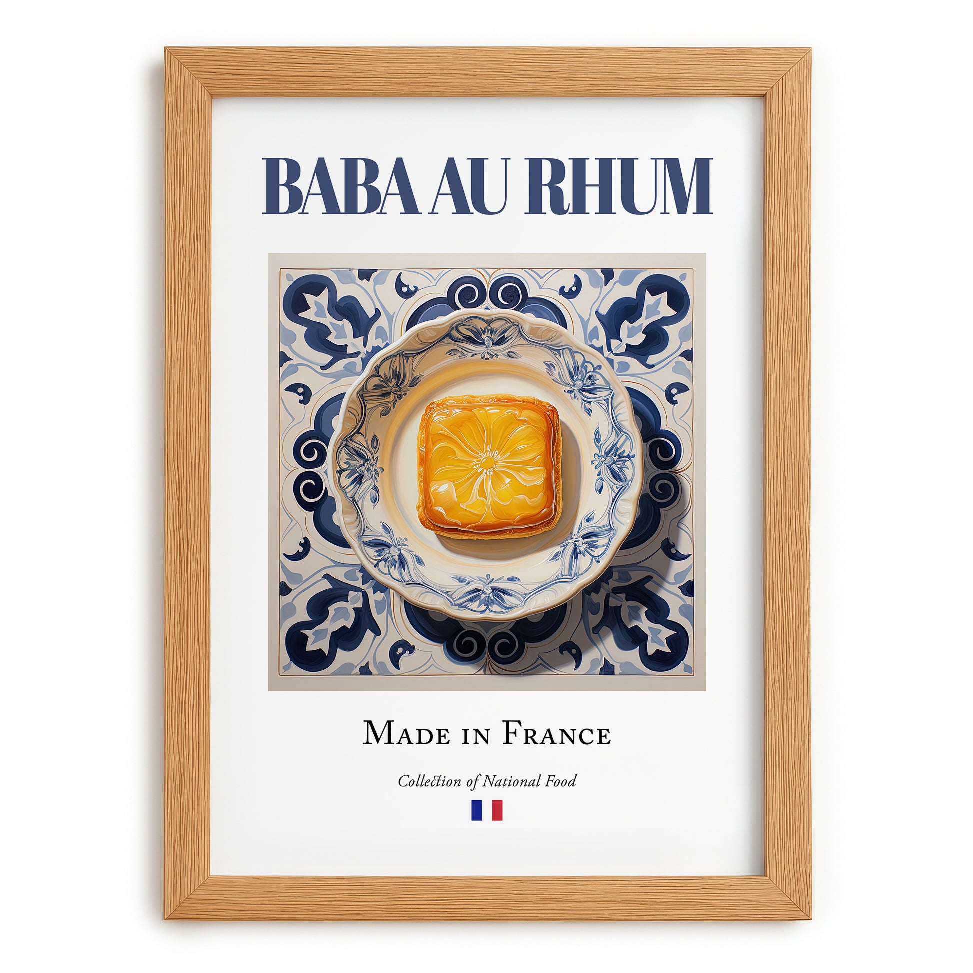 Baba au rhum – French Dessert Dish, Restaurant Illustration, set in oak frame