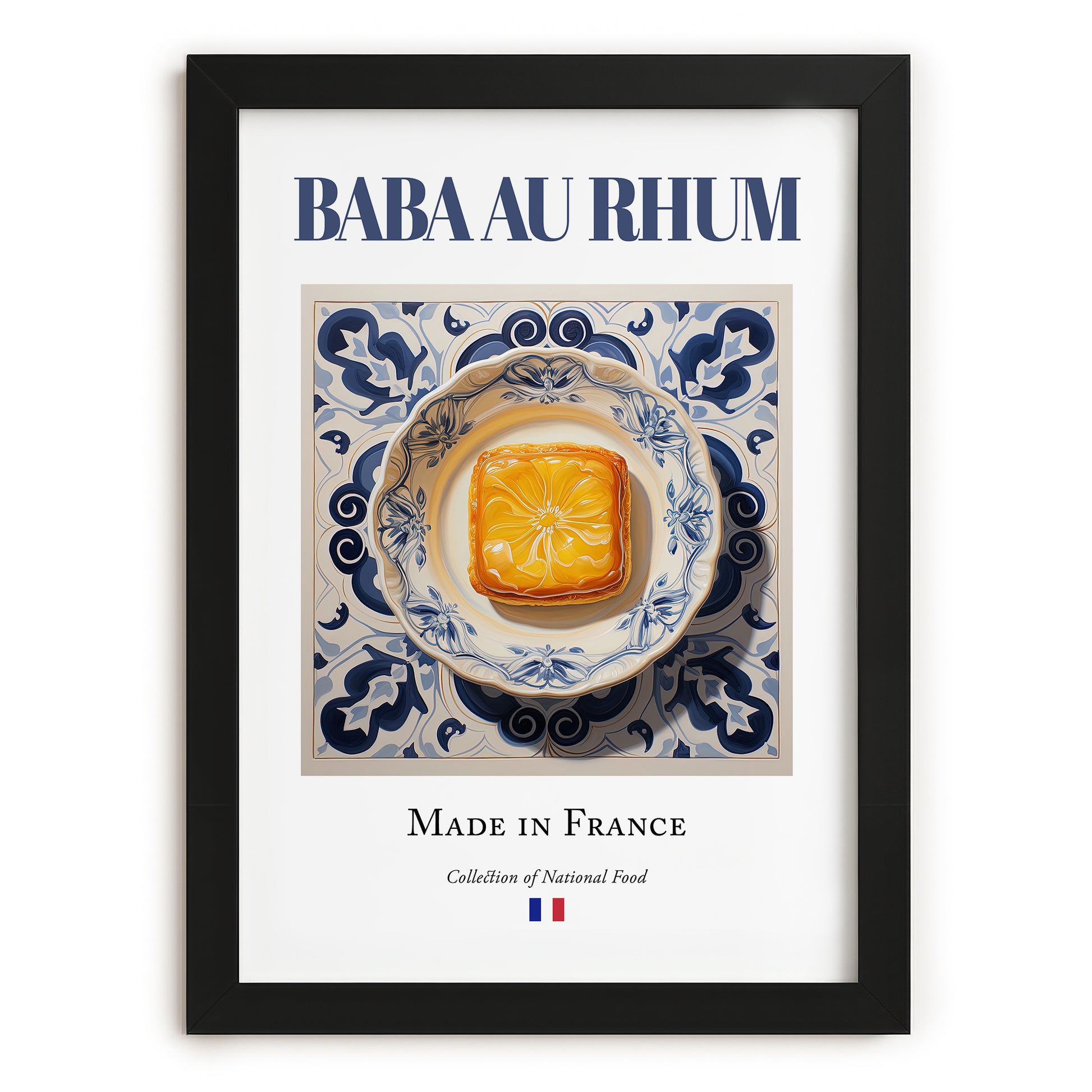 Baba au rhum – French Dessert Dish, Restaurant Illustration, in sleek black frame
