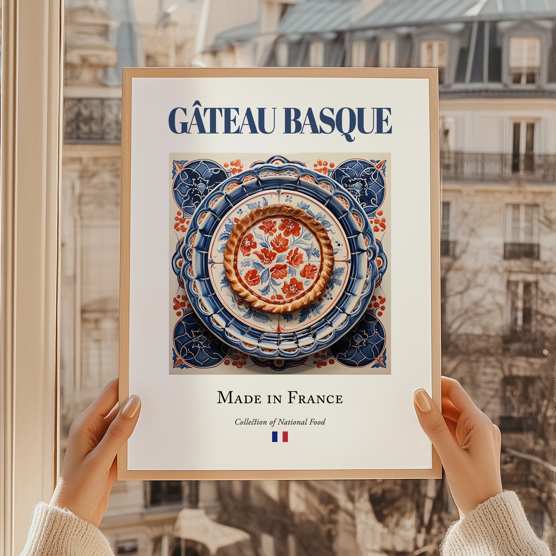 Gâteau Basque – French Dessert Dish, Bistro Poster, styled in a charming Paris street view