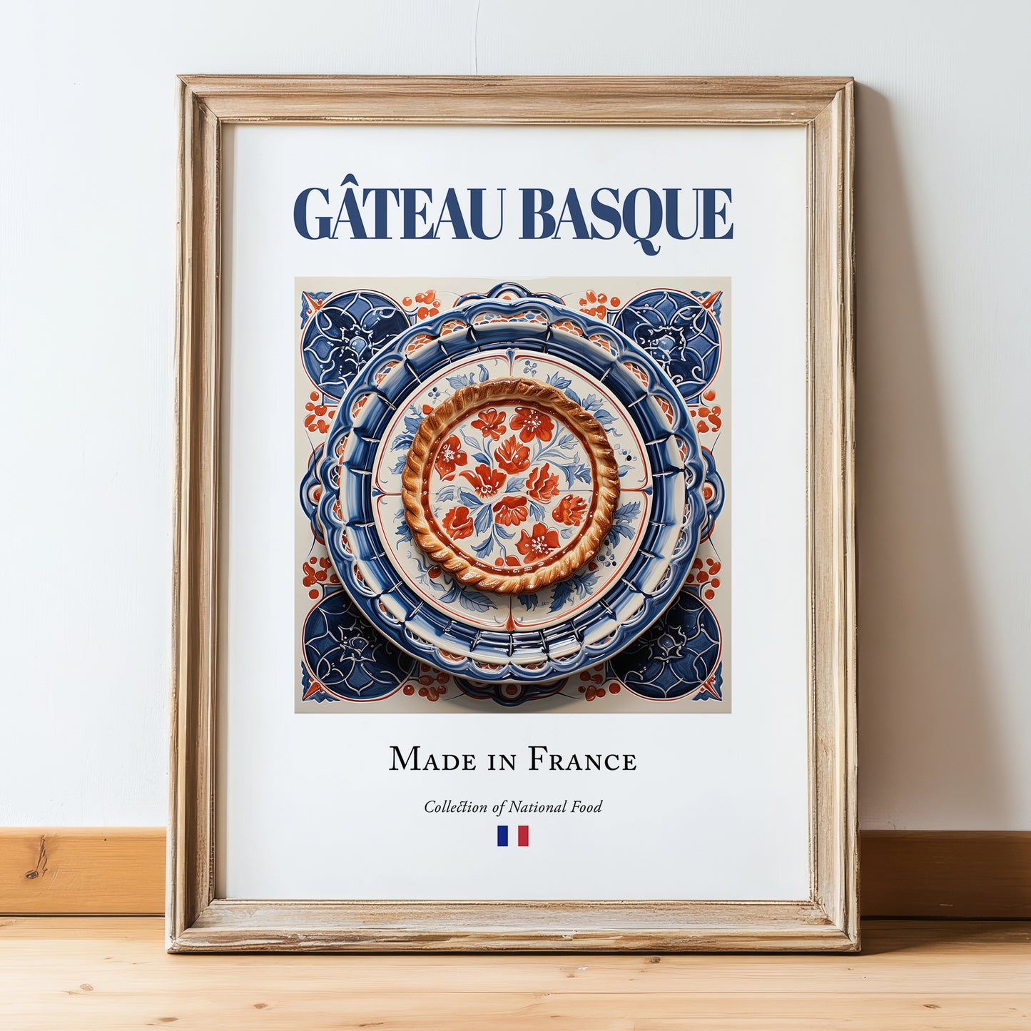 Gâteau Basque – French Dessert Dish, Bistro Poster, in wooden frame leaning on the floor