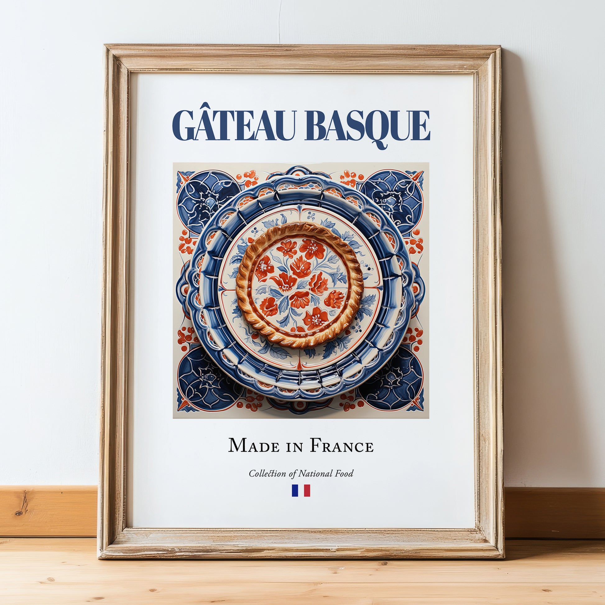 Gâteau Basque – French Dessert Dish, Bistro Poster, in wooden frame leaning on the floor
