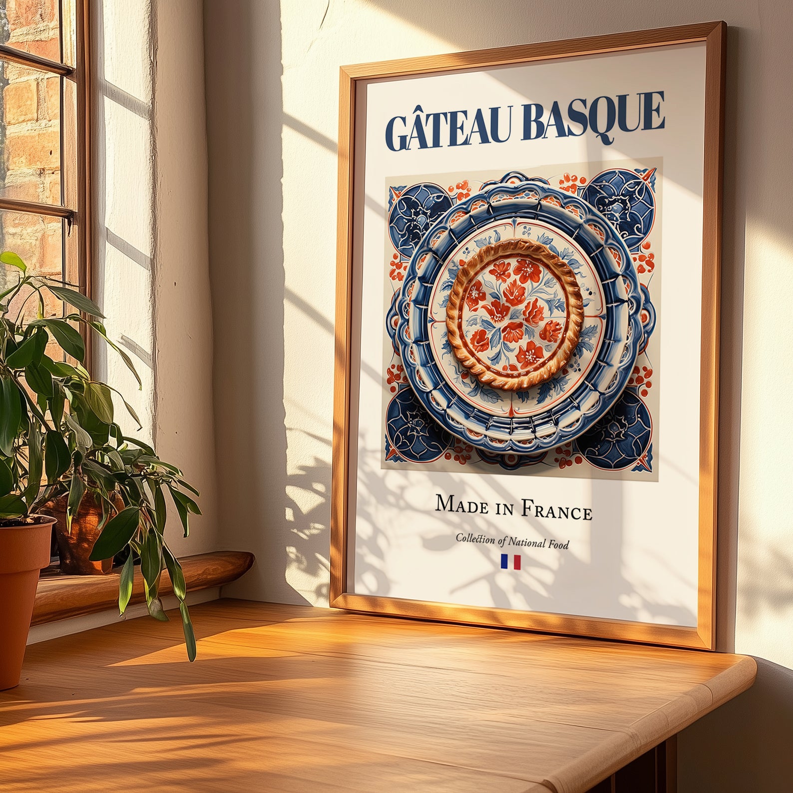 Gâteau Basque – French Dessert Dish, Bistro Poster, no-text version framed in wood