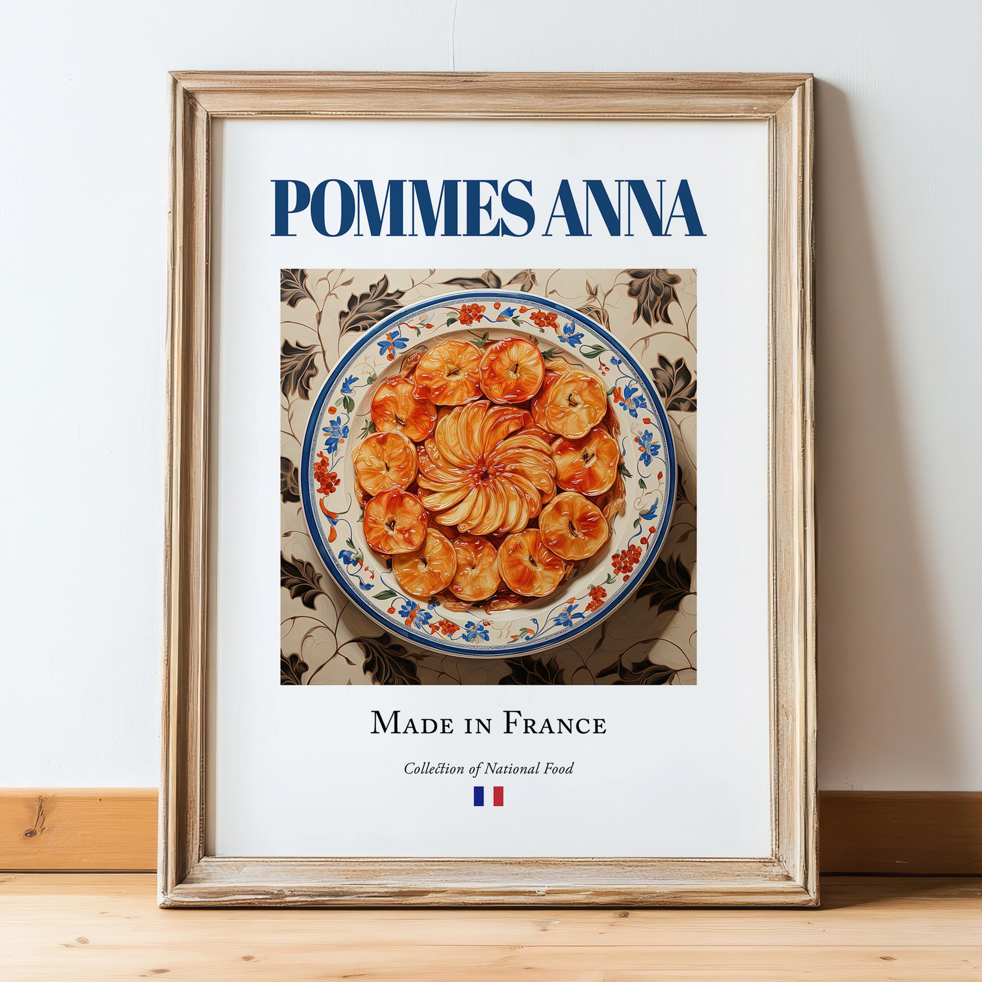 Pommes Anna – French Dish, Café Wall Decor, in wooden frame leaning on the floor