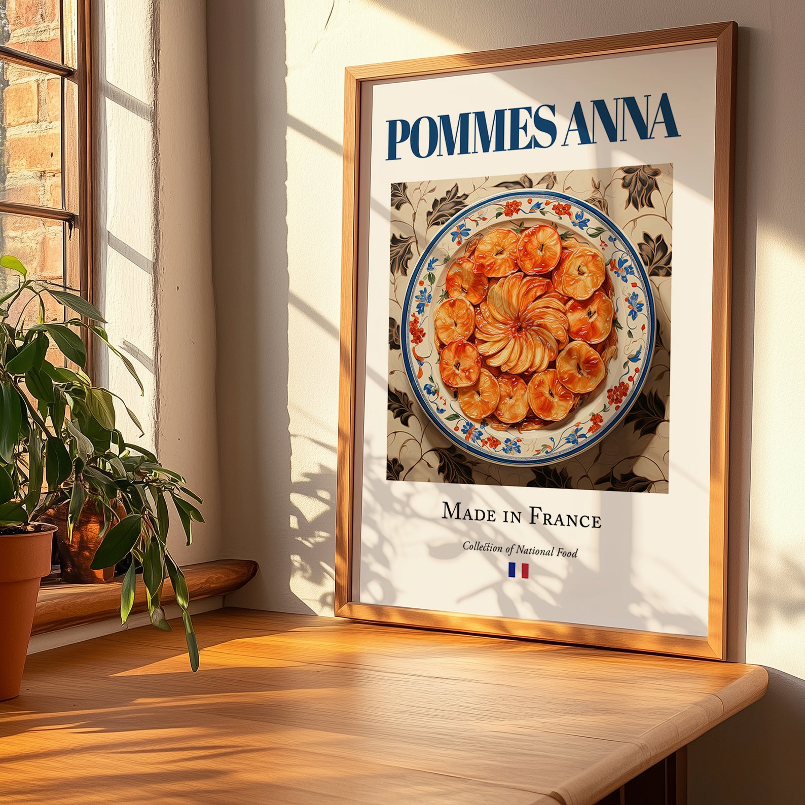 Pommes Anna – French Dish, Café Wall Decor, no-text version framed in wood