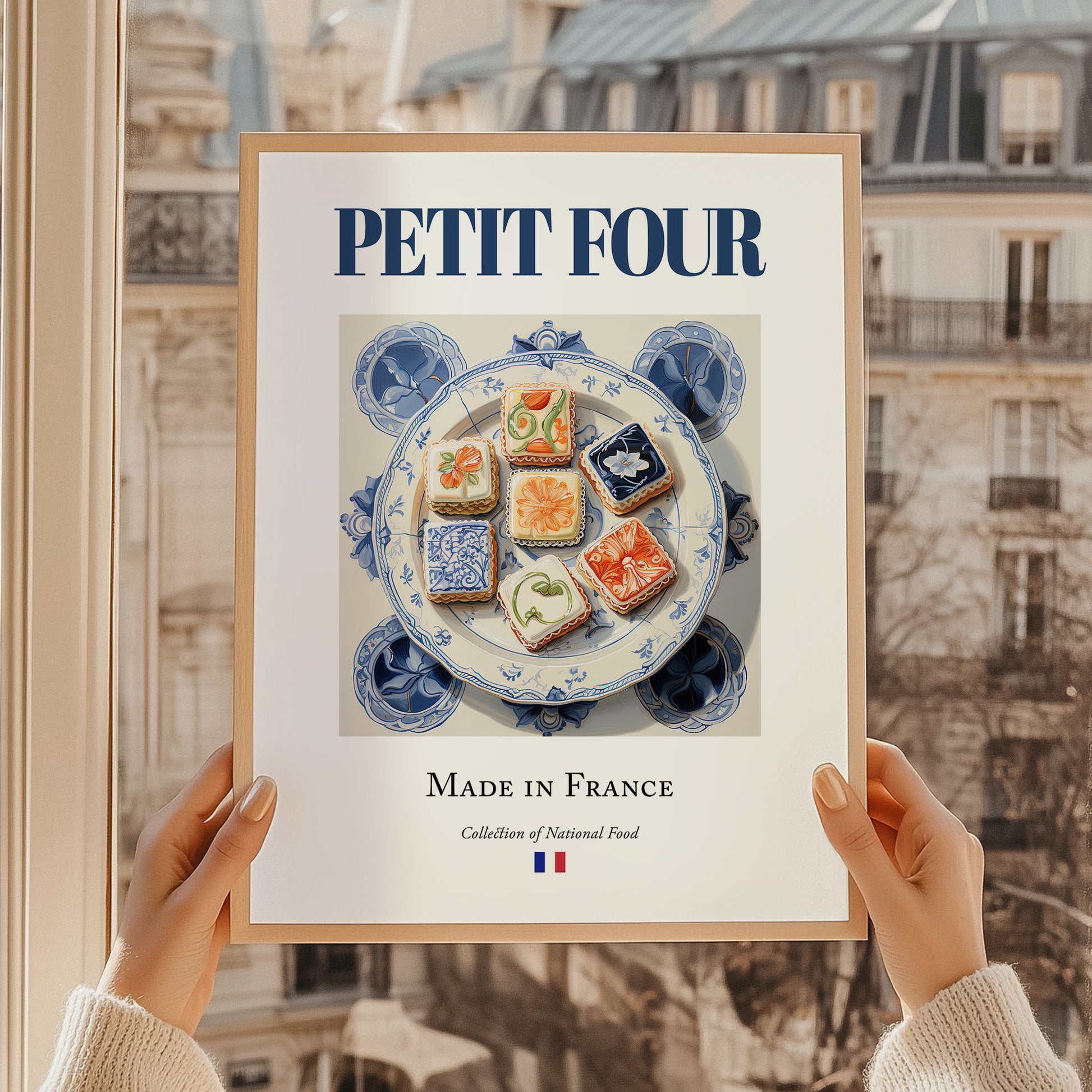 Petit four – French Dessert Dish, Bistro Wall Art, styled in a charming Paris street view