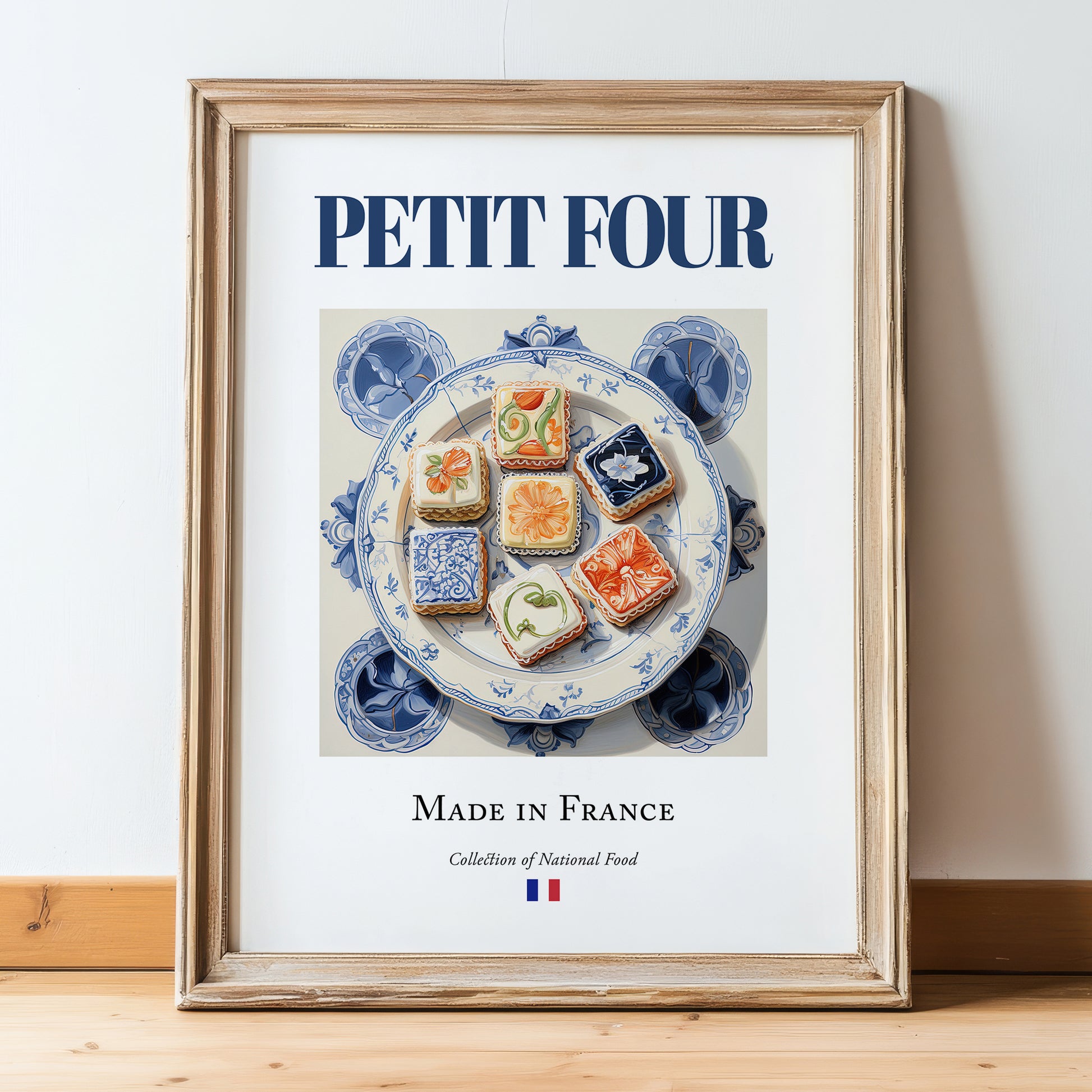 Petit four – French Dessert Dish, Bistro Wall Art, in wooden frame leaning on the floor