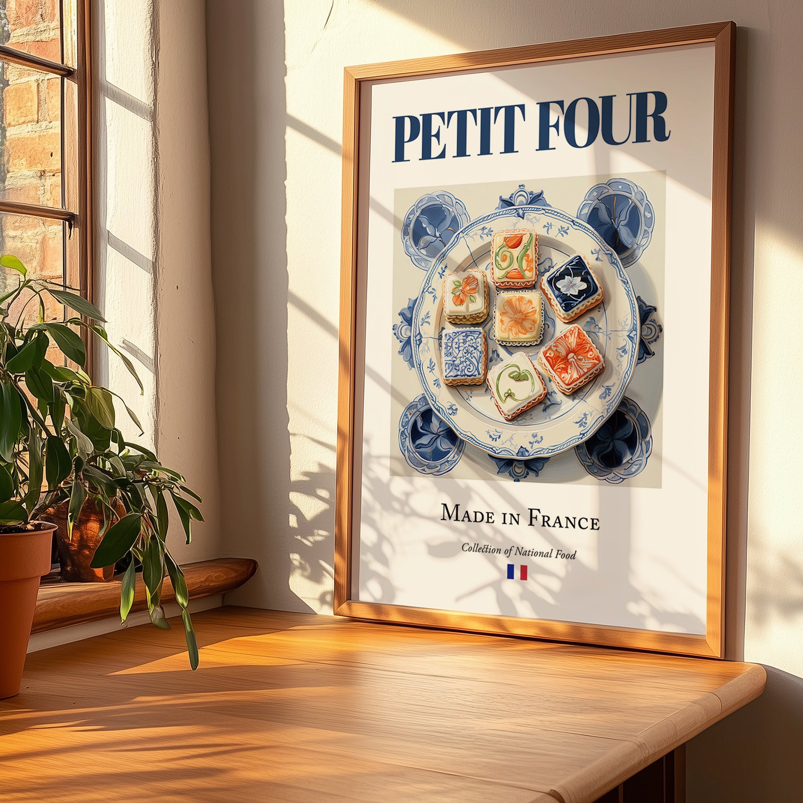 Petit four – French Dessert Dish, Bistro Wall Art, no-text version framed in wood