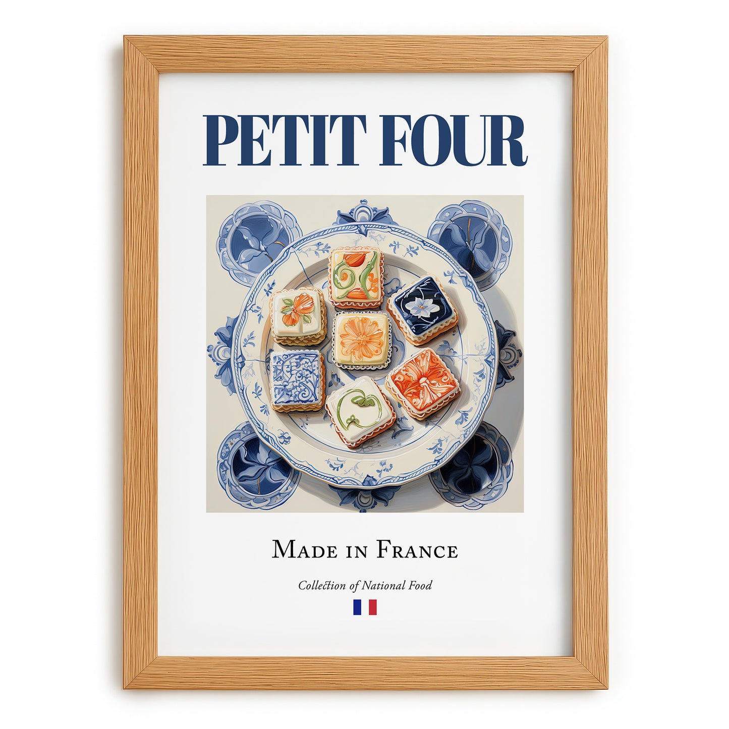 Petit four – French Dessert Dish, Bistro Wall Art, set in oak frame