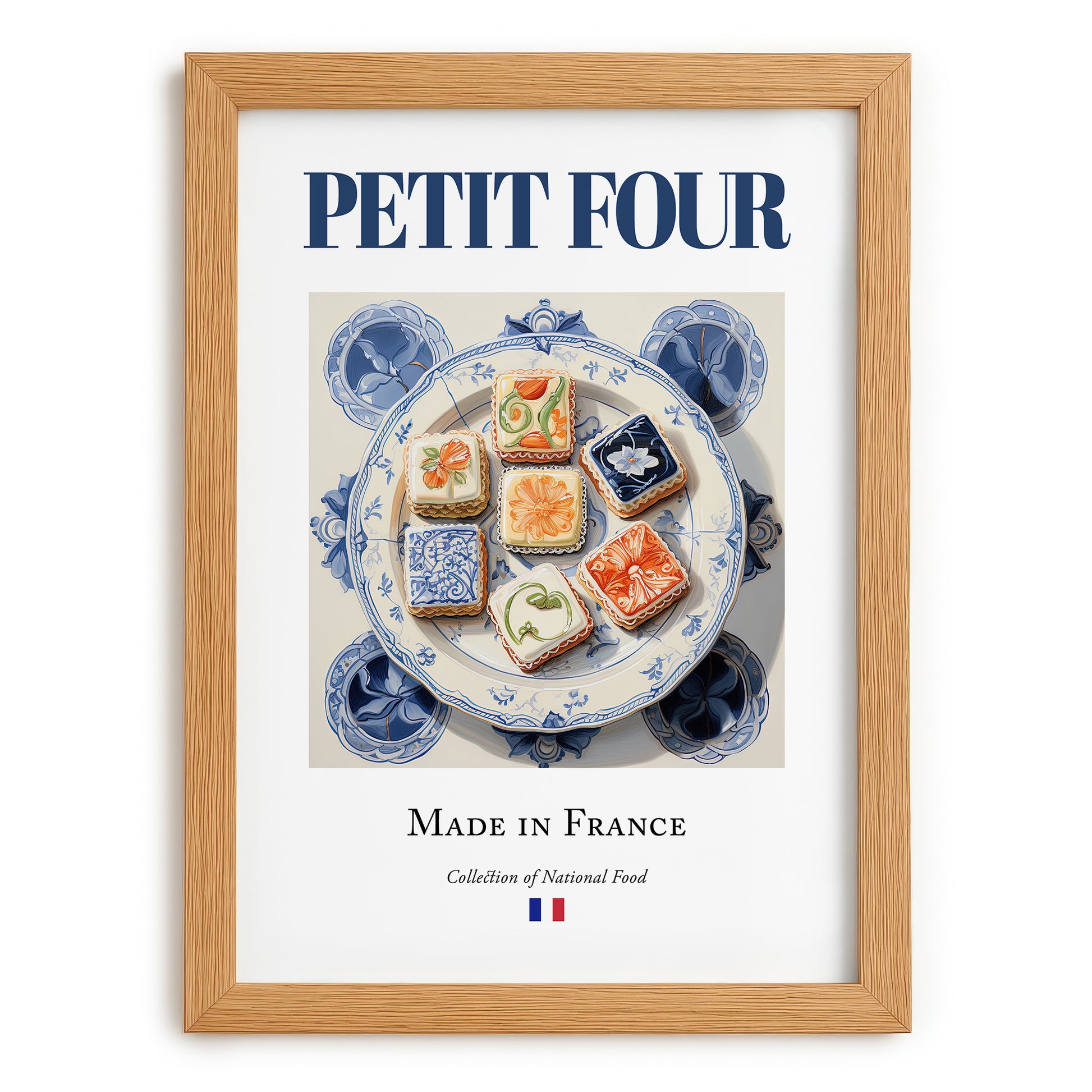 Petit four – French Dessert Dish, Bistro Wall Art, set in oak frame