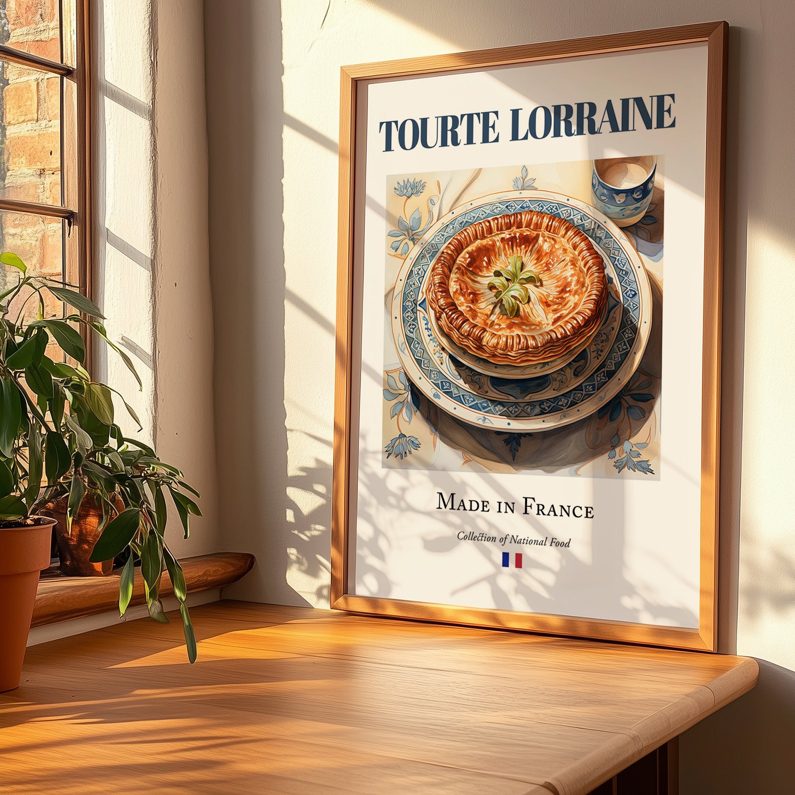 Tourte Lorraine – French Dish, Bistro Wall Decor, no-text version framed in wood