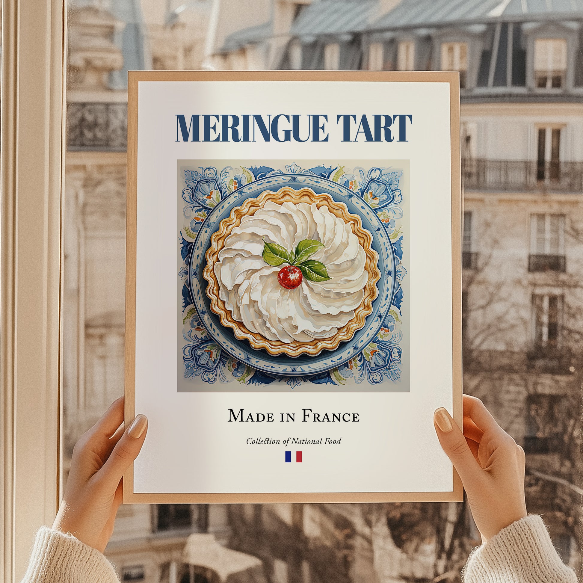 Meringue tart – French Dessert Dish, Café Illustration, styled in a charming Paris street view
