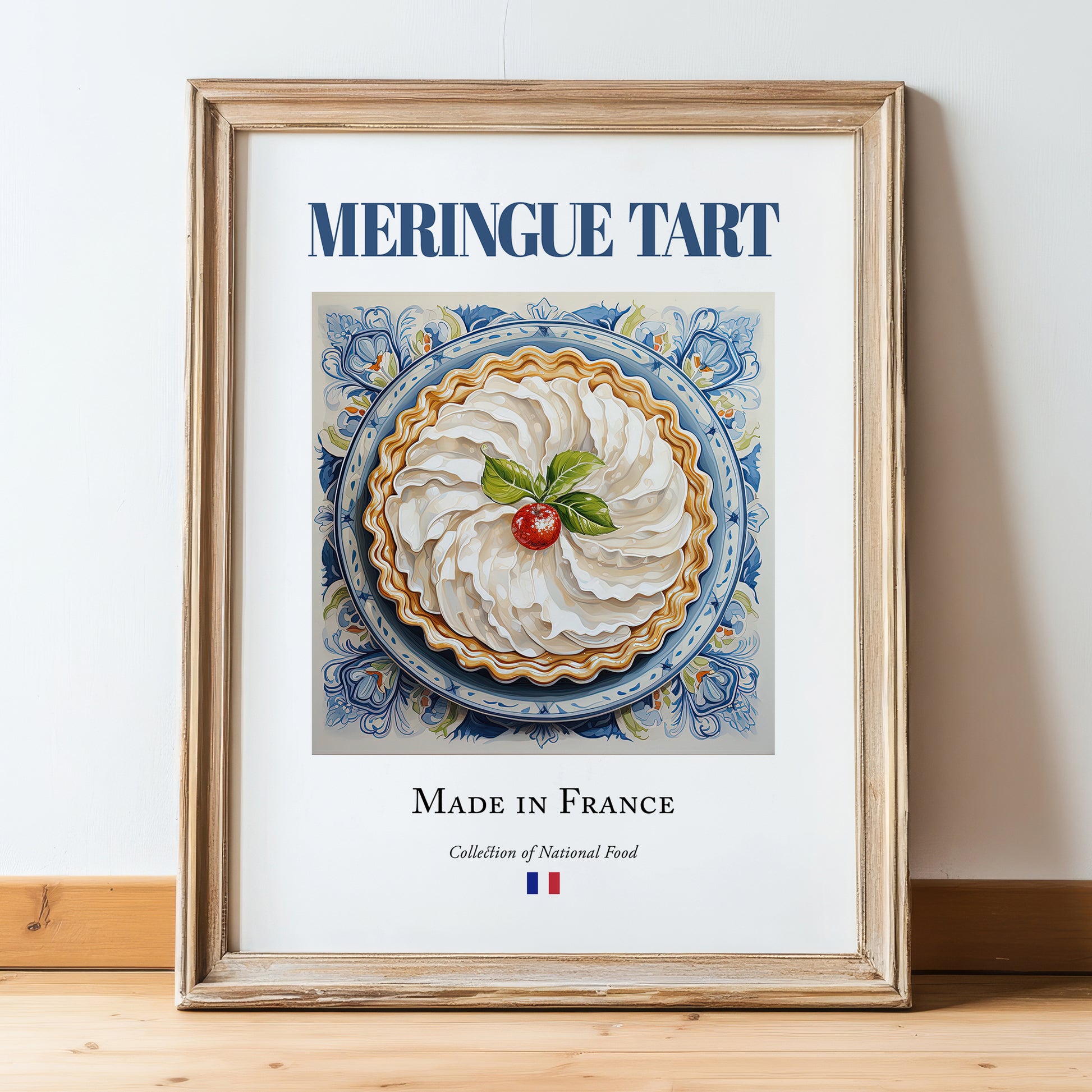 Meringue tart – French Dessert Dish, Café Illustration, in wooden frame leaning on the floor