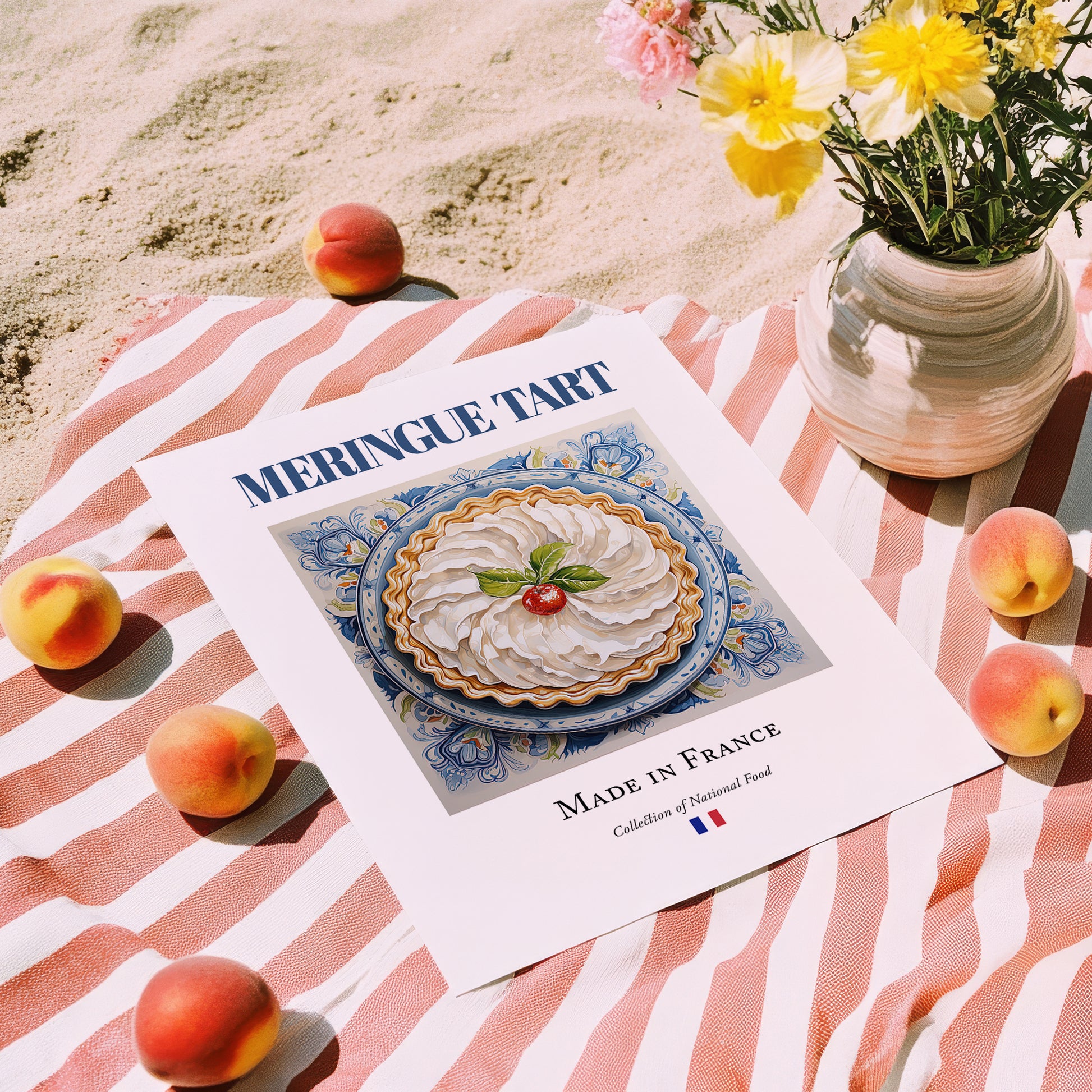 Meringue tart – French Dessert Dish, Café Illustration, unframed on coastal sand