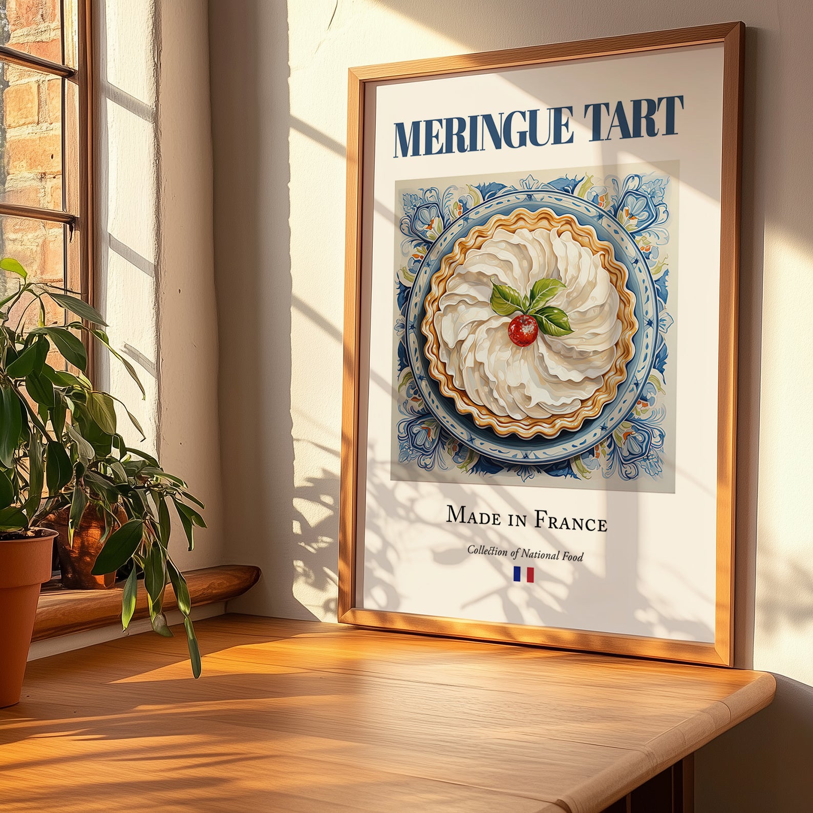 Meringue tart – French Dessert Dish, Café Illustration, no-text version framed in wood