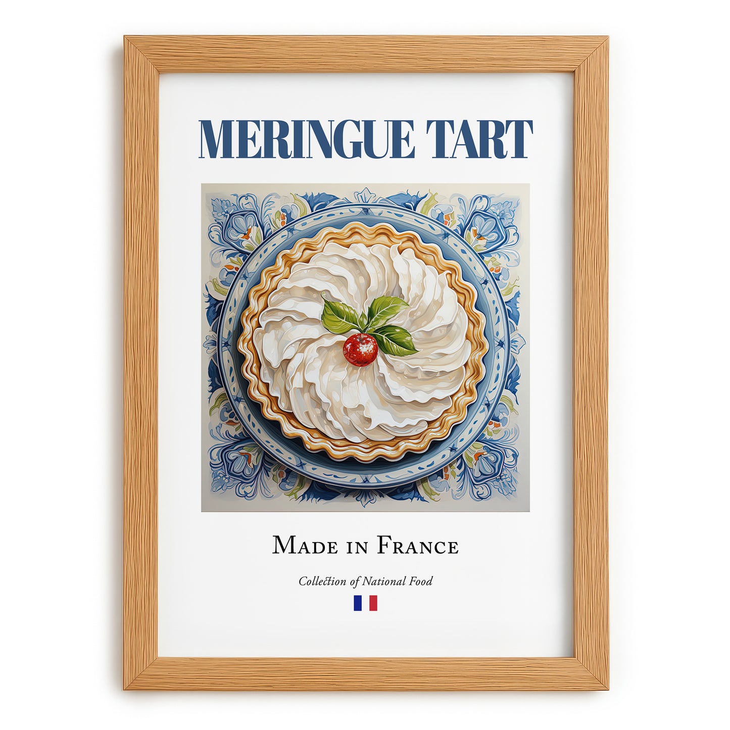 Meringue tart – French Dessert Dish, Café Illustration, set in oak frame