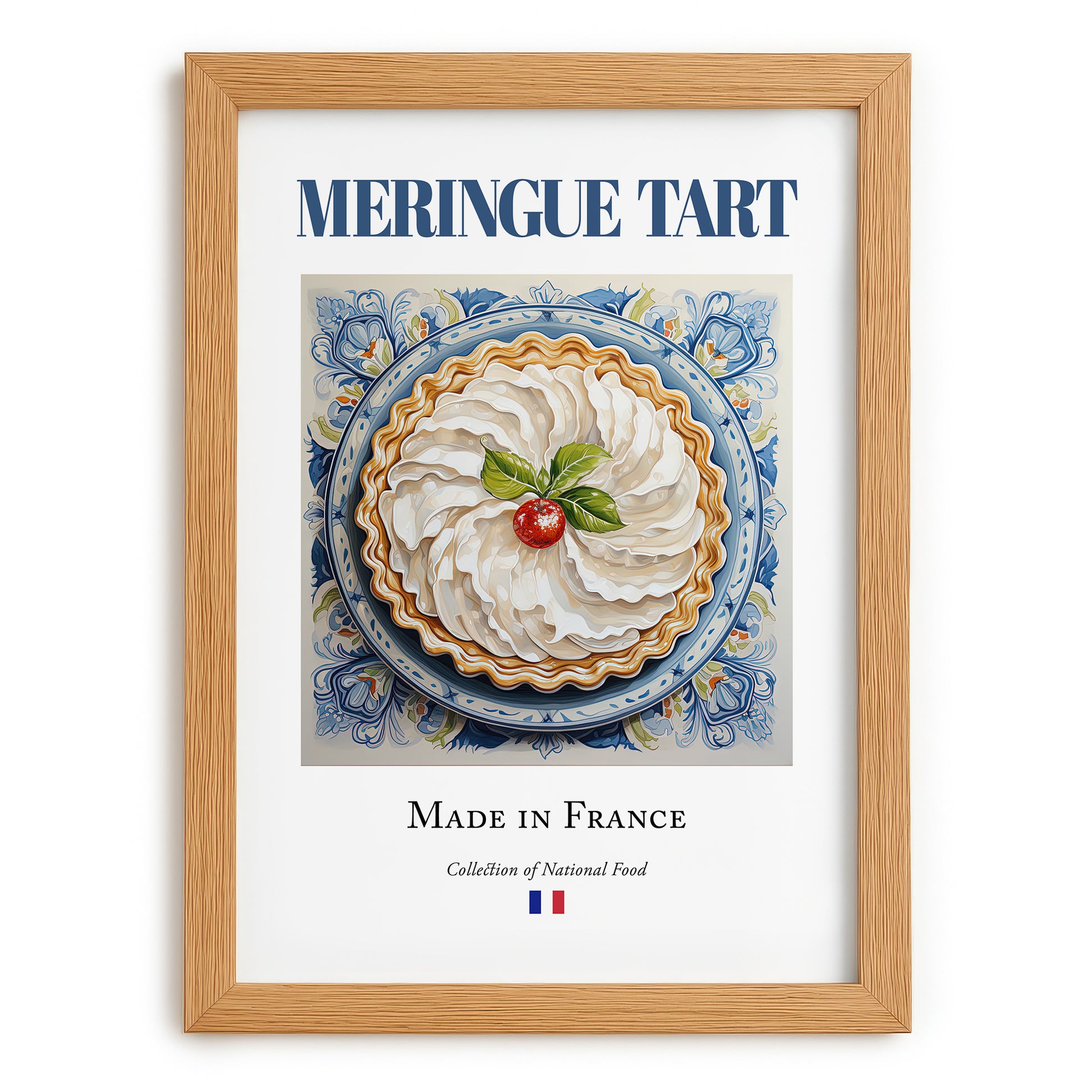 Meringue tart – French Dessert Dish, Café Illustration, set in oak frame